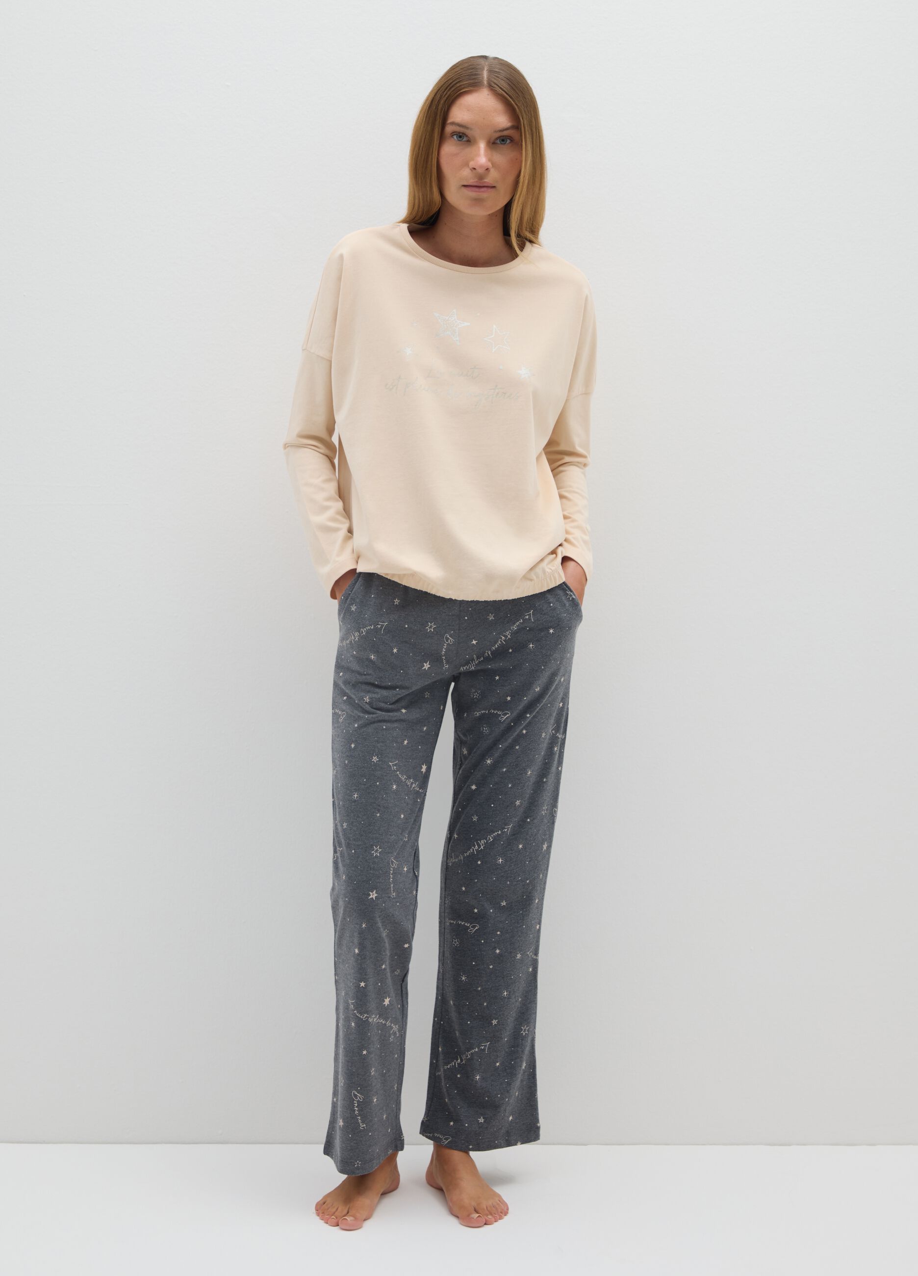 Pantaloni pigiama in misto cotone grigio regular fit