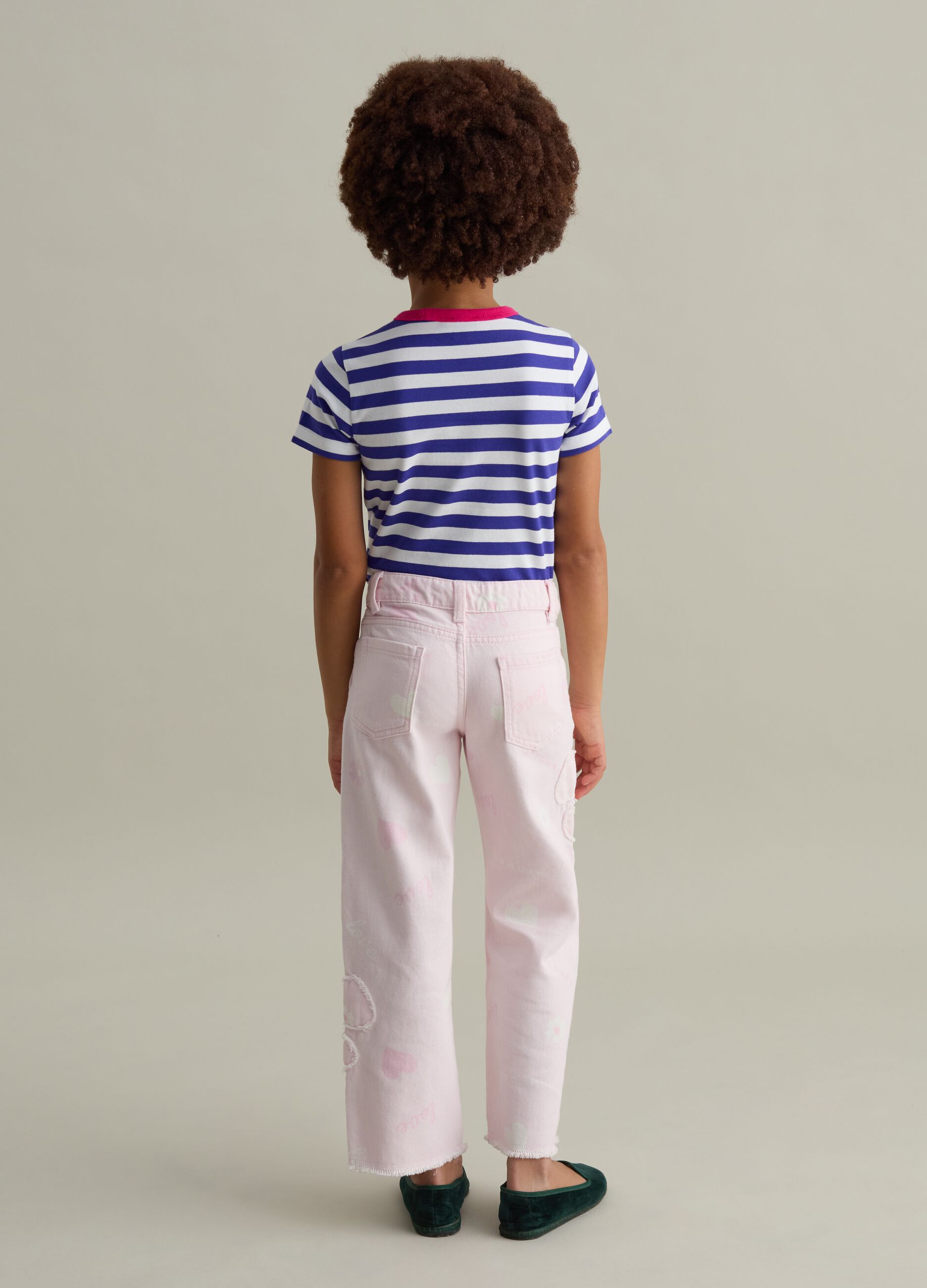 Jeans with heart print and appliqué flowers