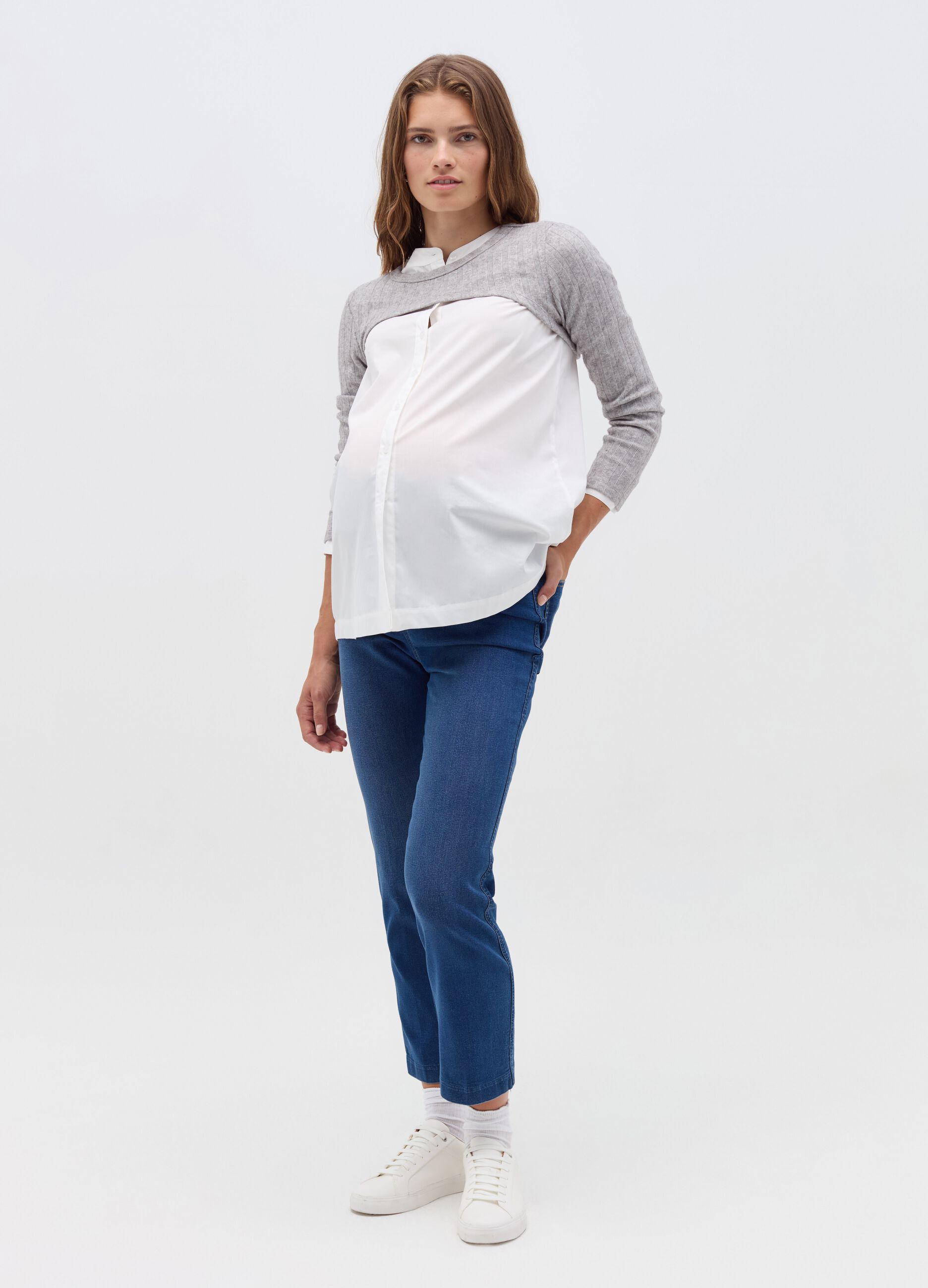 NICOL CARAMEL T-shirt premaman crop a coste piatte