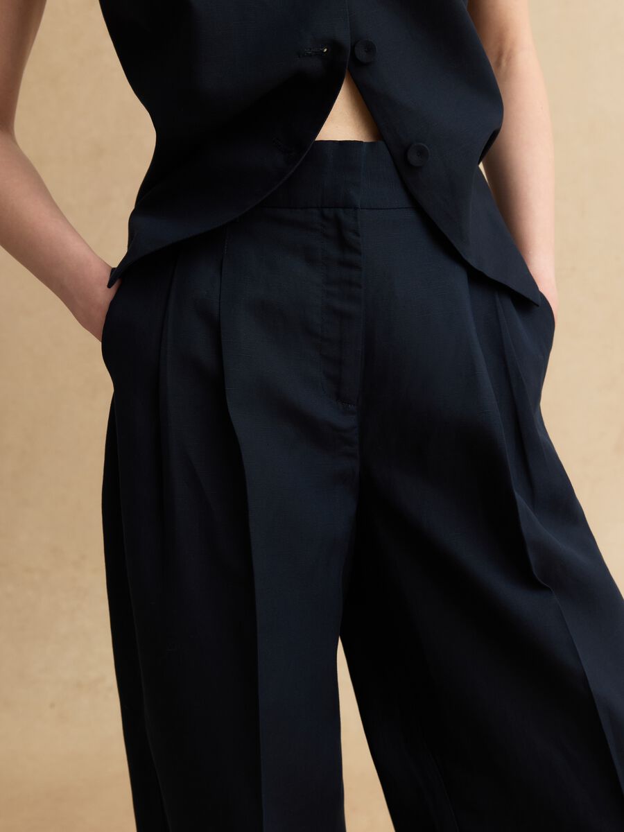 Elegant Blue Lyocell and Linen Wide Leg Trousers_3