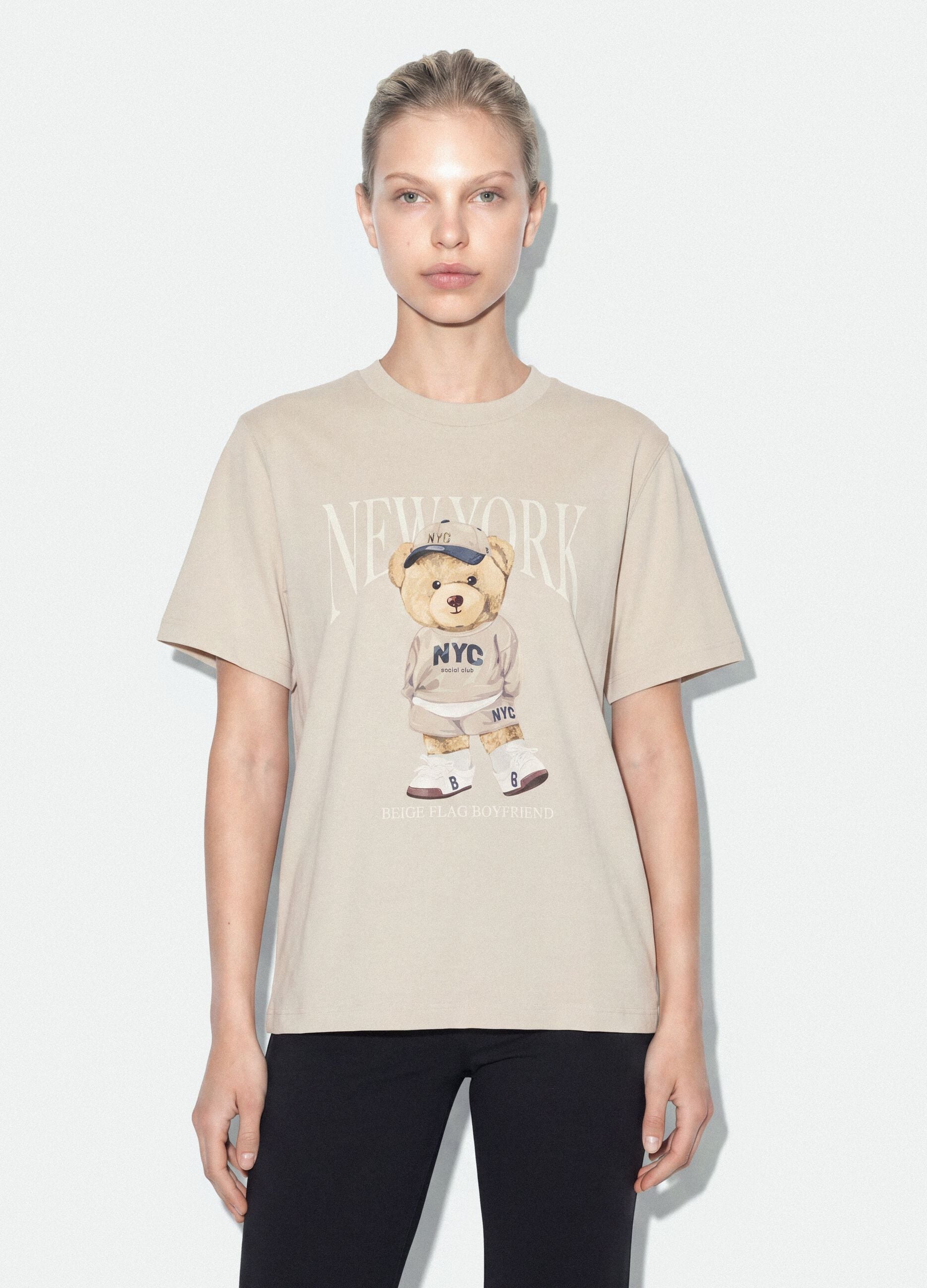 Beige relaxed-fit pure cotton T-shirt with teddy print