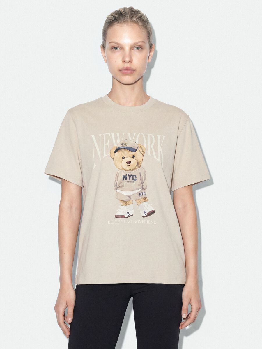 T-shirt beige relaxed fit in puro cotone con stampa teddy_0