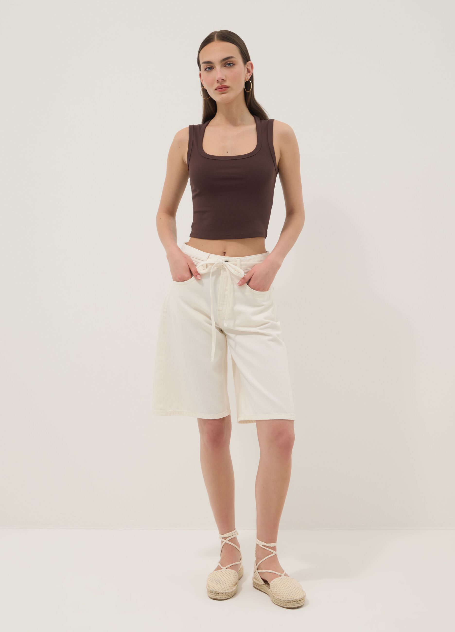 Brown cropped stretch-cotton tank top