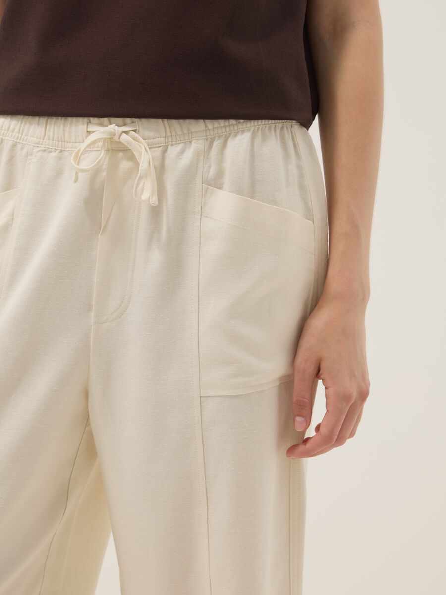 White viscose-linen blend trousers with drawstring, straight fit_3