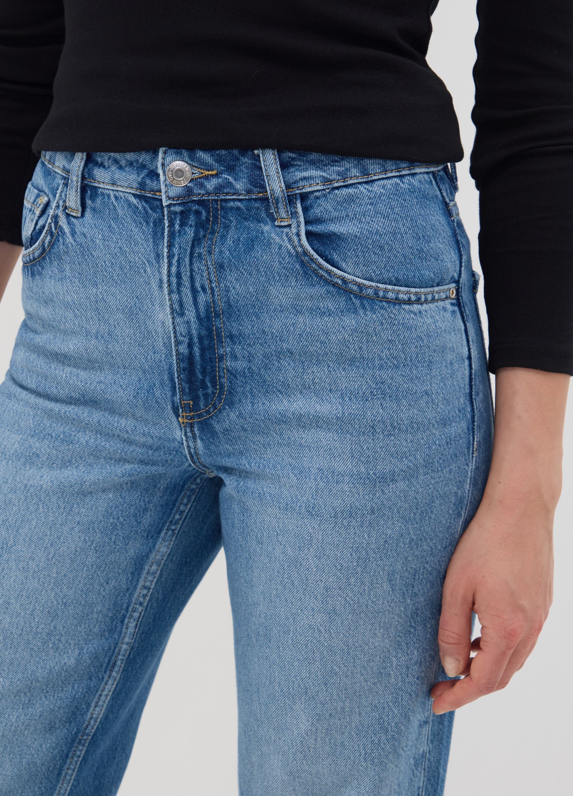 Light blue pure cotton high-waisted wide-leg denim jeans