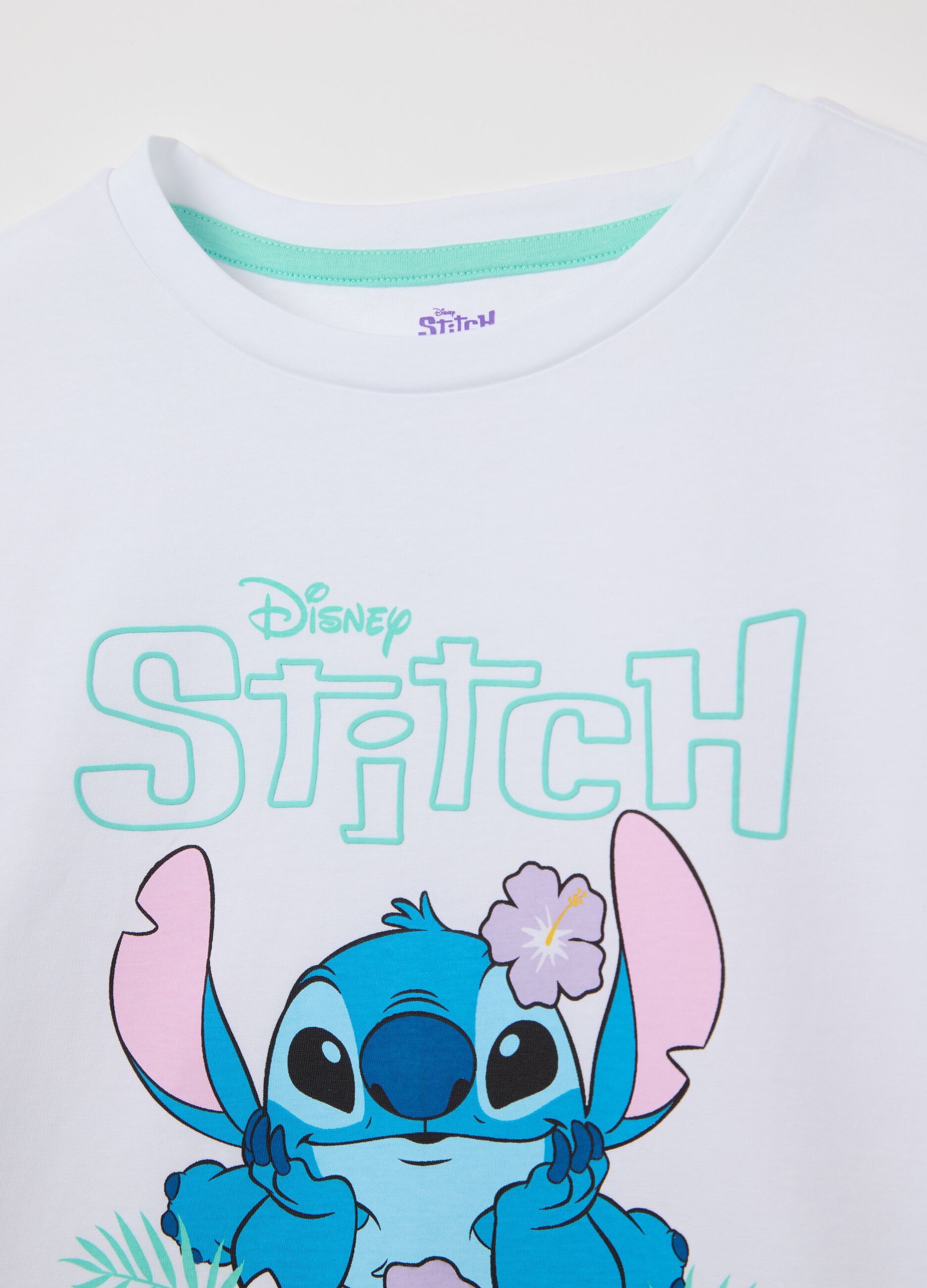 Pigiama bianco e verde in cotone con stampa Stitch