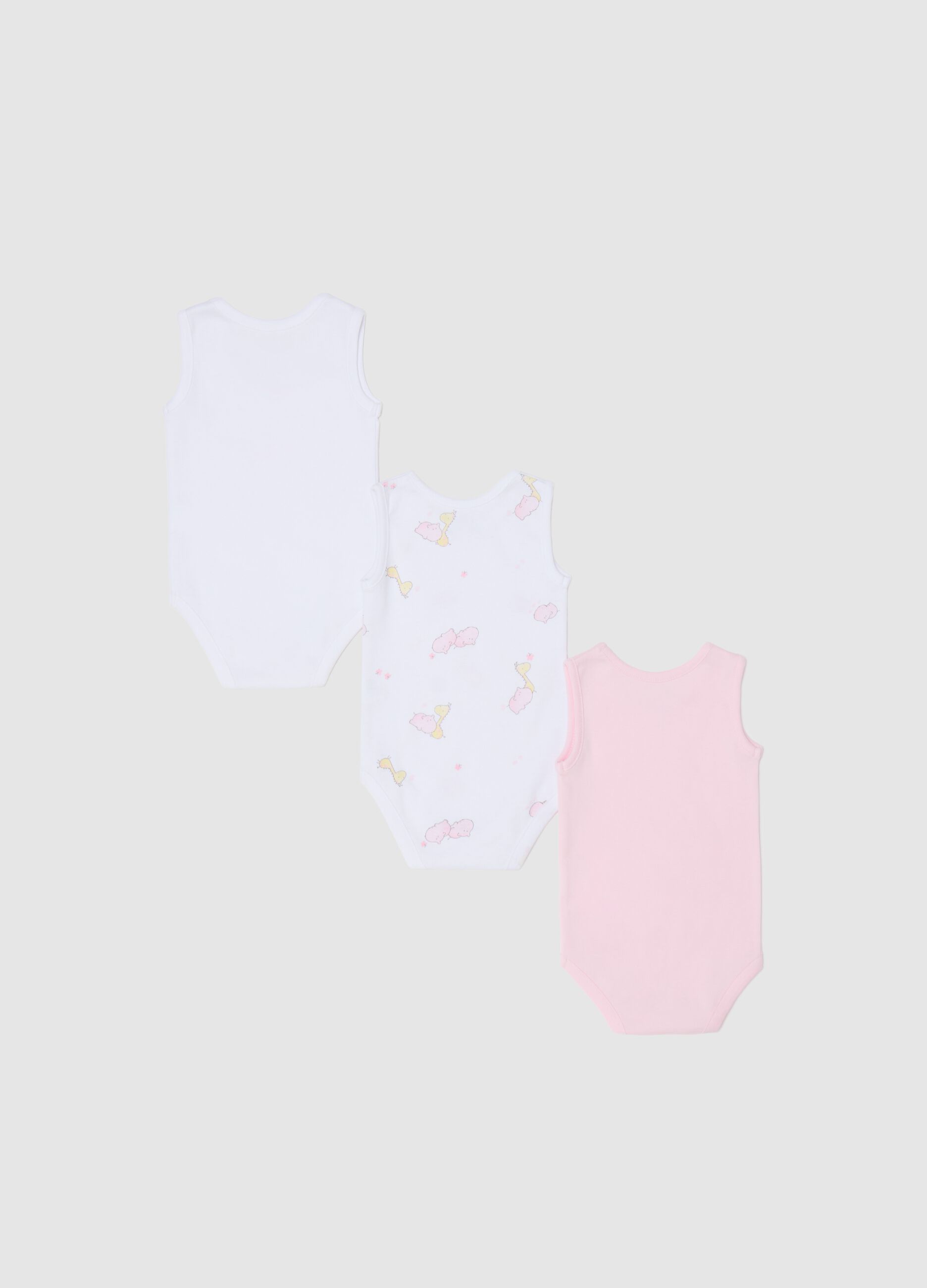 Three-pack white and pink sleeveless bodysuits in organic cotton with print