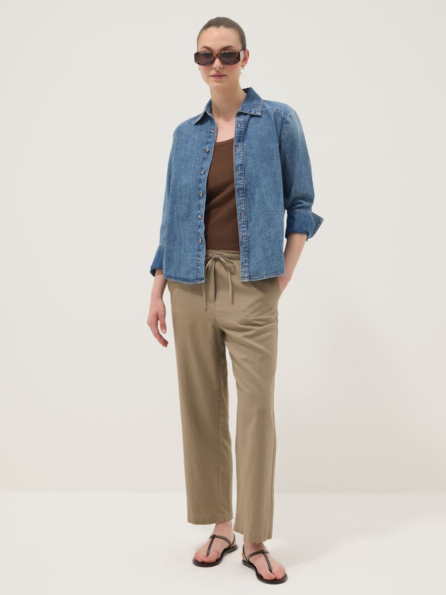 Pantaloni in misto viscosa e lino beige straight fit con coulisse_1