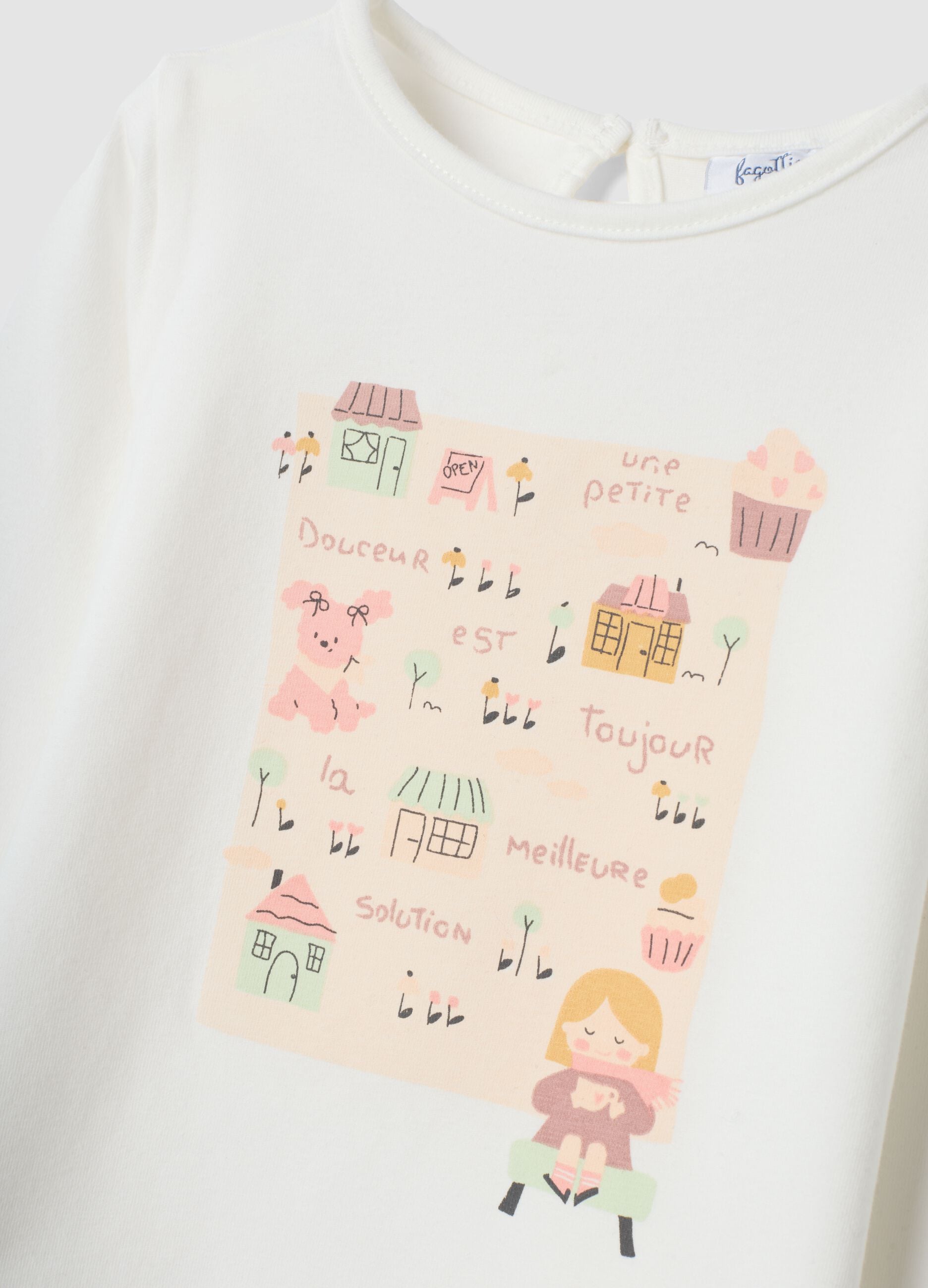 White organic stretch cotton jersey T-shirt with print, regular fit