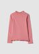 Pink stretch organic cotton T-shirt with raised neck_1