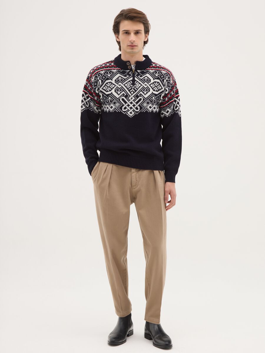 Pullover blu con motivo jacquard in misto lana con zip_2