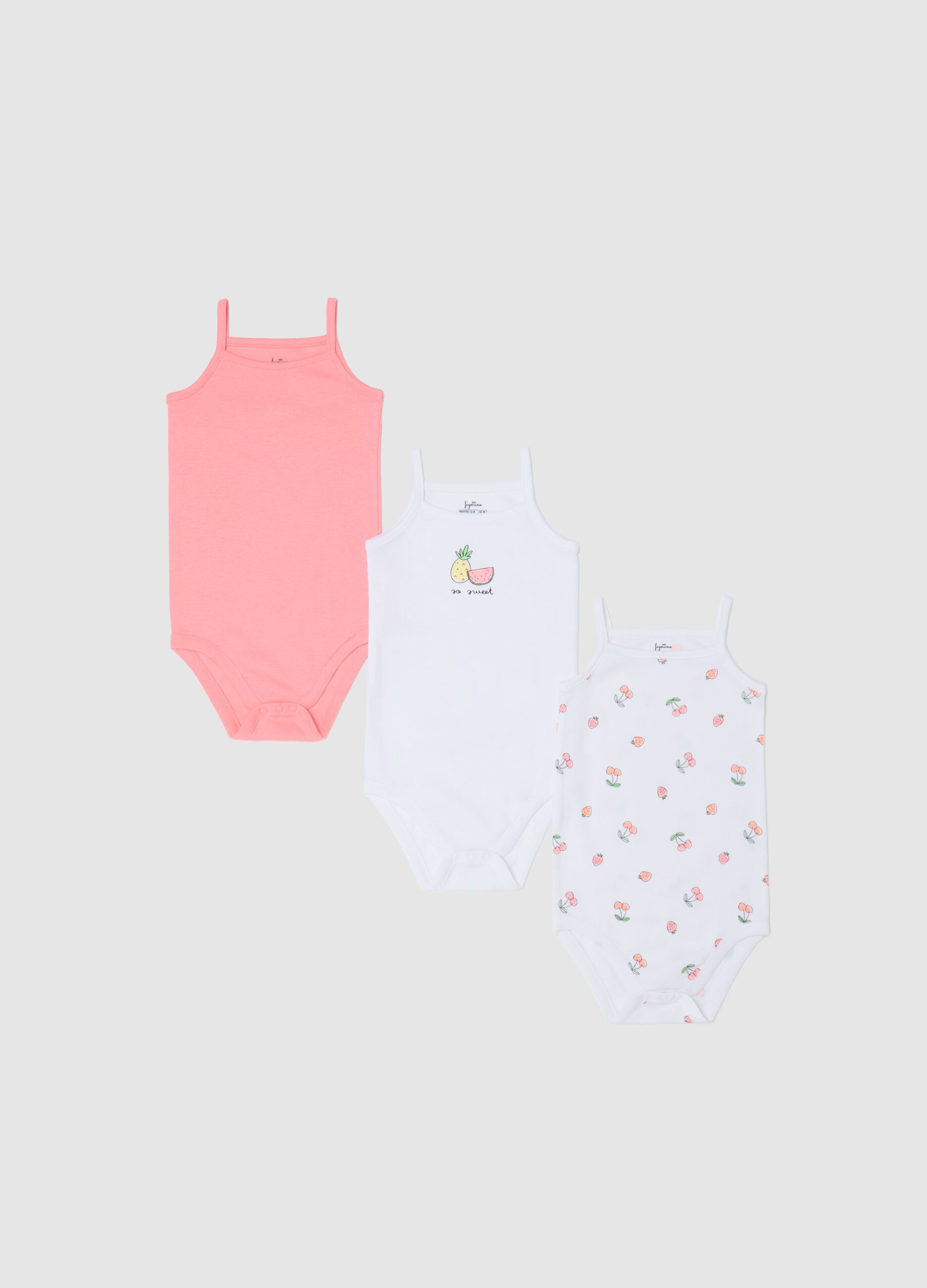 Three-pack sleeveless pink and white bodysuits in organic cotton with print