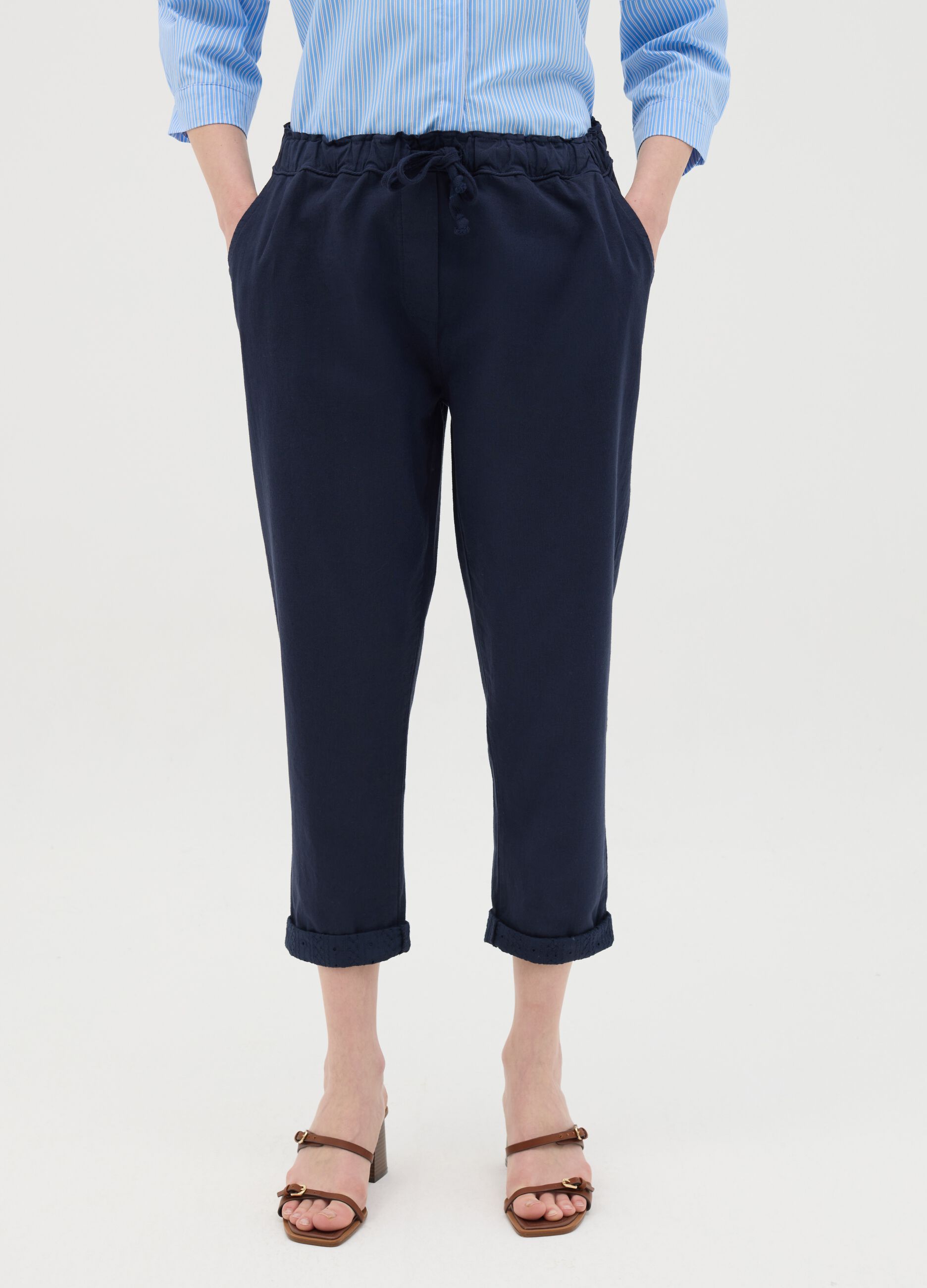 Casual Blue Linen and Cotton Trousers