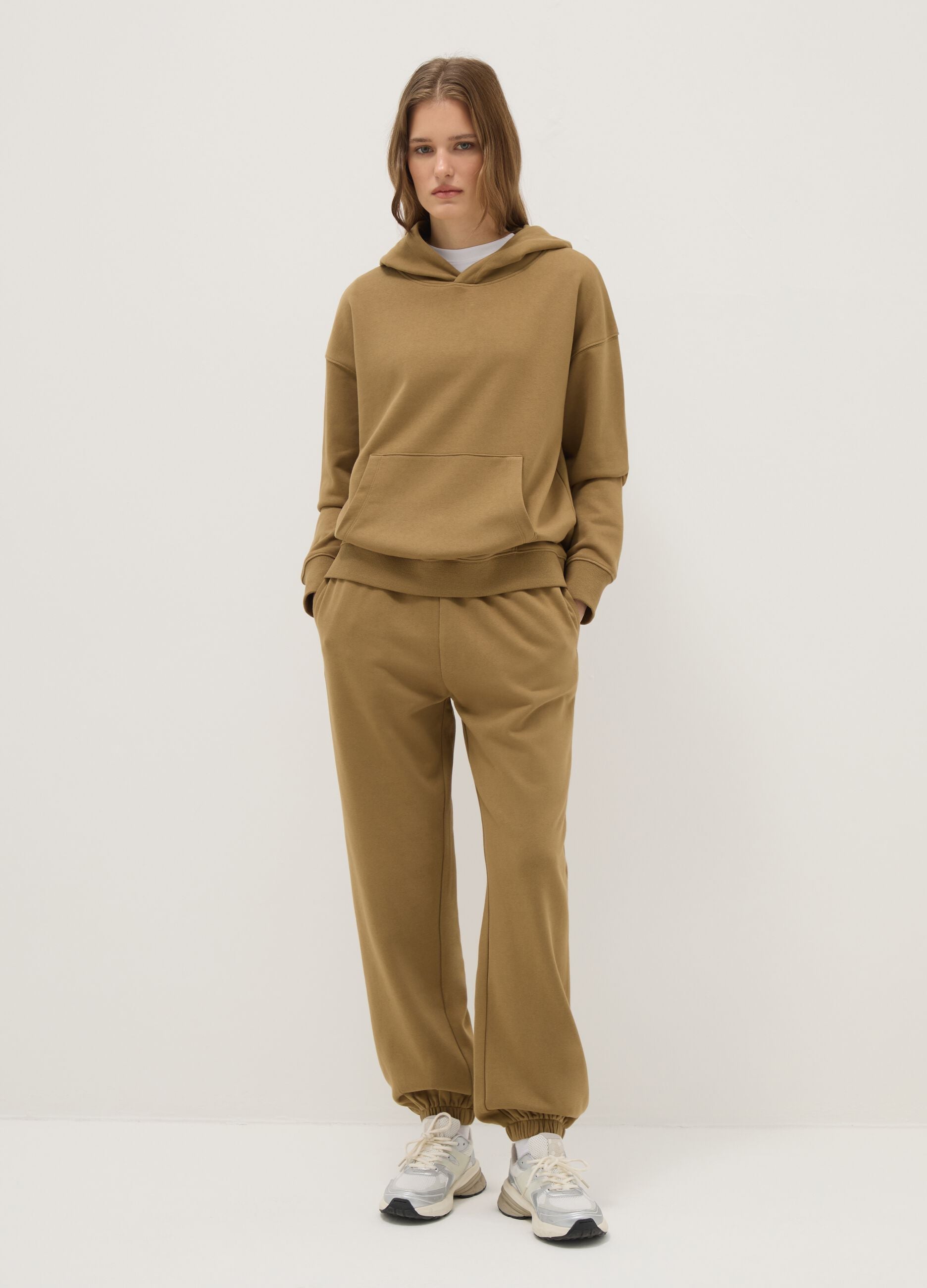 Felpa in misto cotone beige regular fit con cappuccio