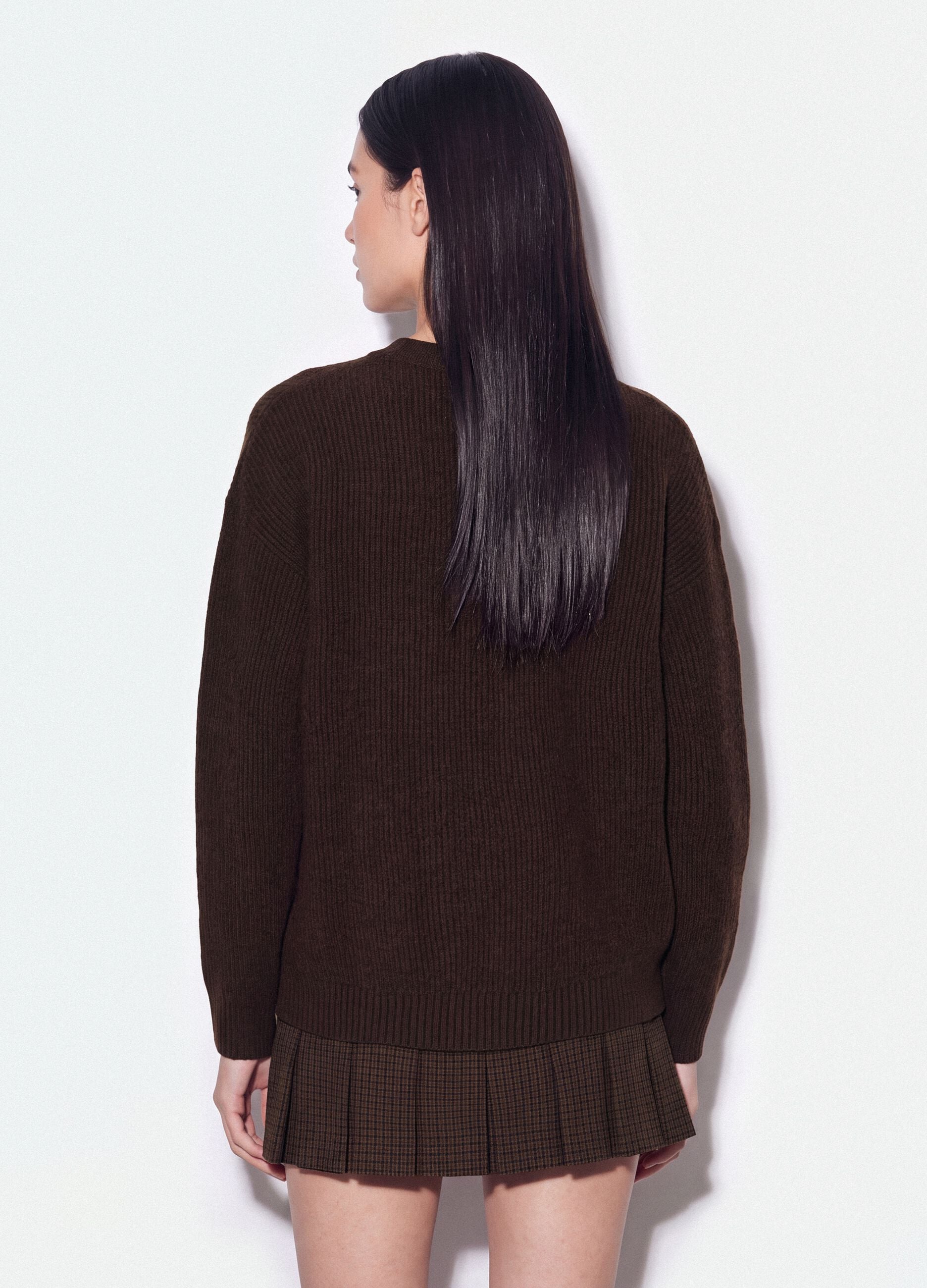 Brown stretch-fabric cardigan with deep V-neckline