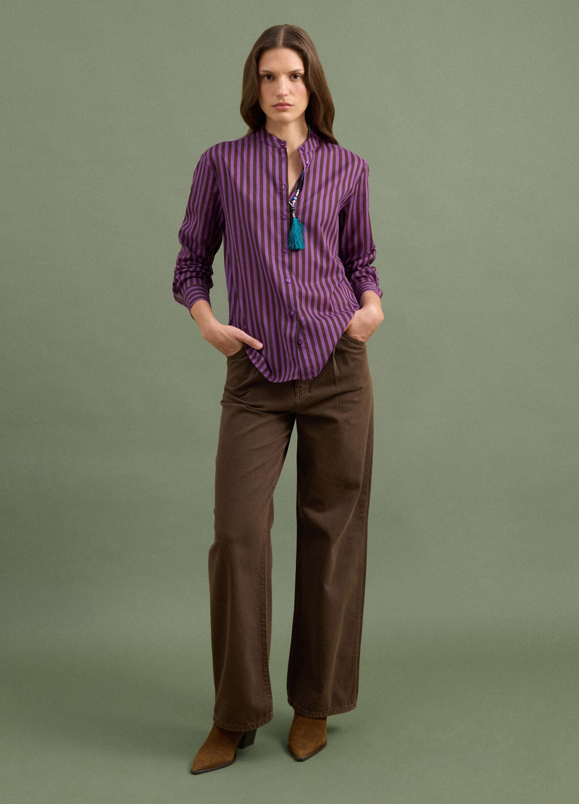 Purple pure cotton striped shirt with grandad collar, regular fit