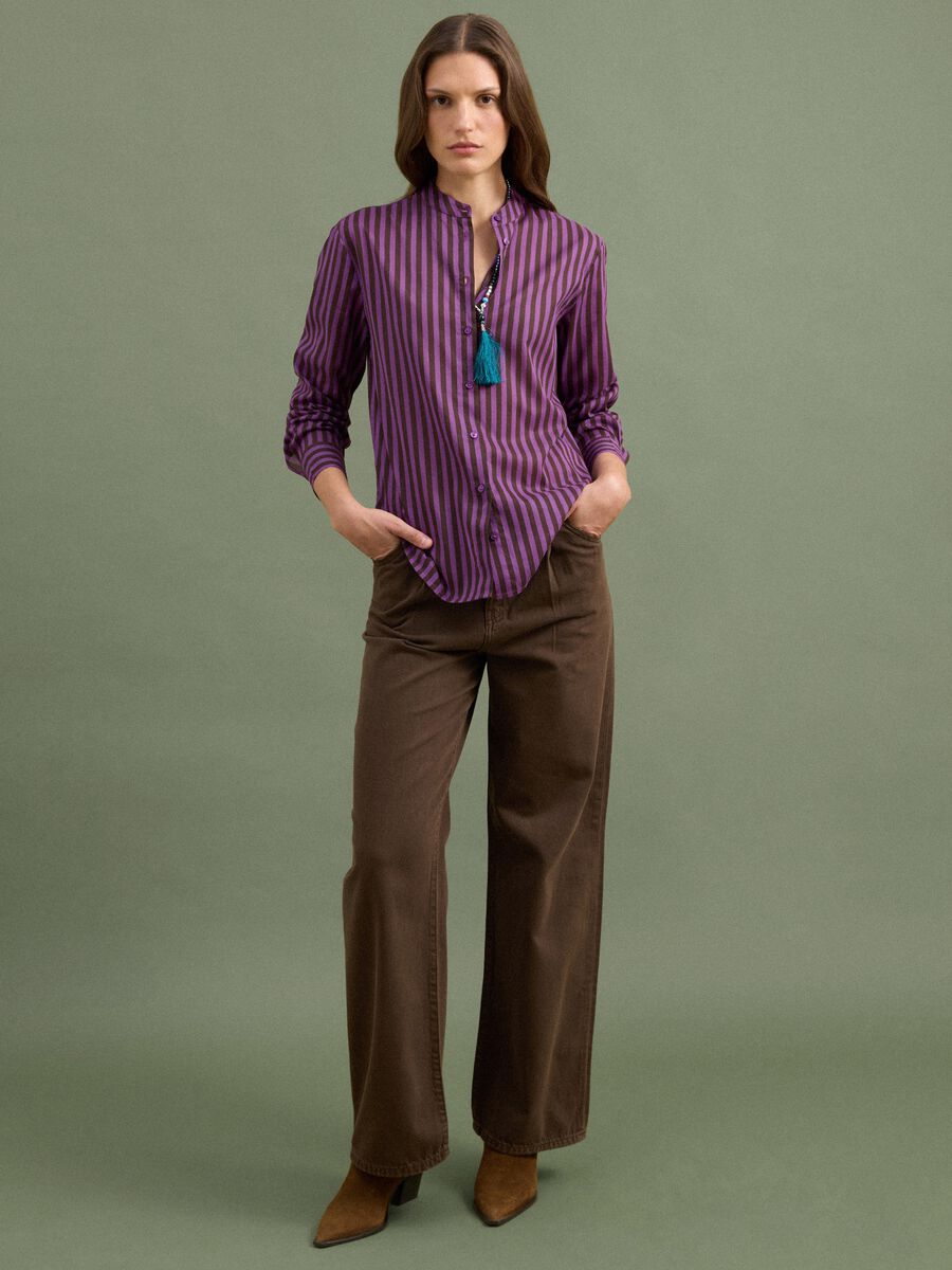 Camicia viola in puro cotone a righe con collo alla coreana regular fit_2