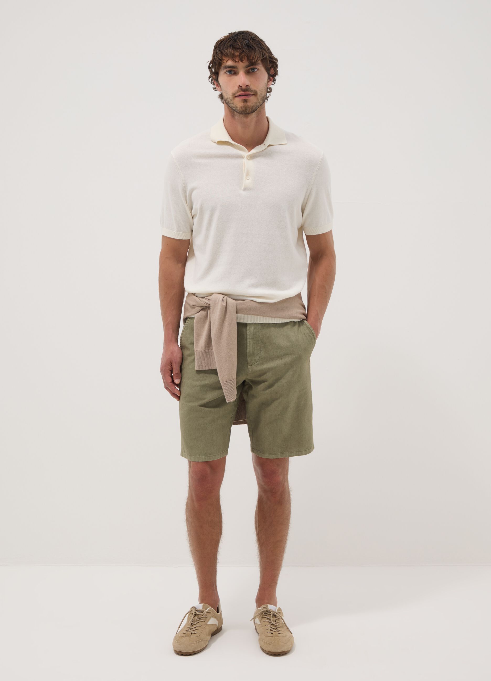 Green linen and cotton-blend chino shorts