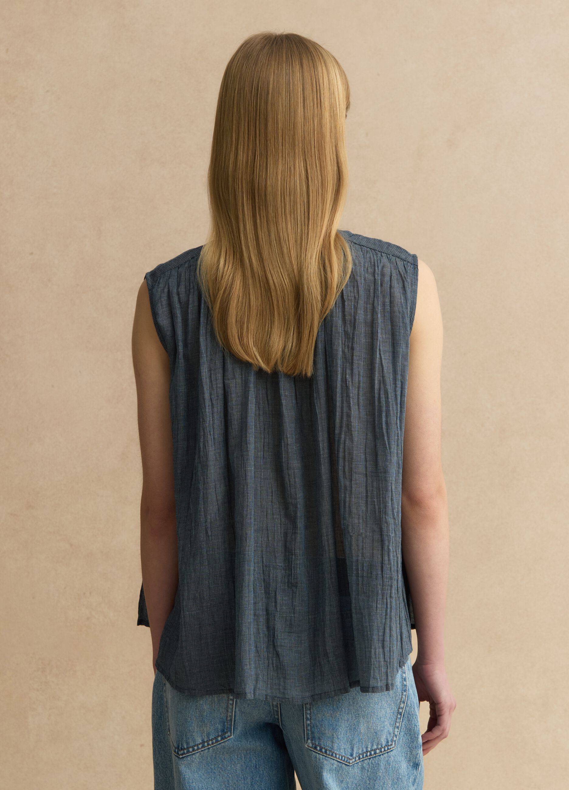 Blue sleeveless pure cotton blouse regular fit