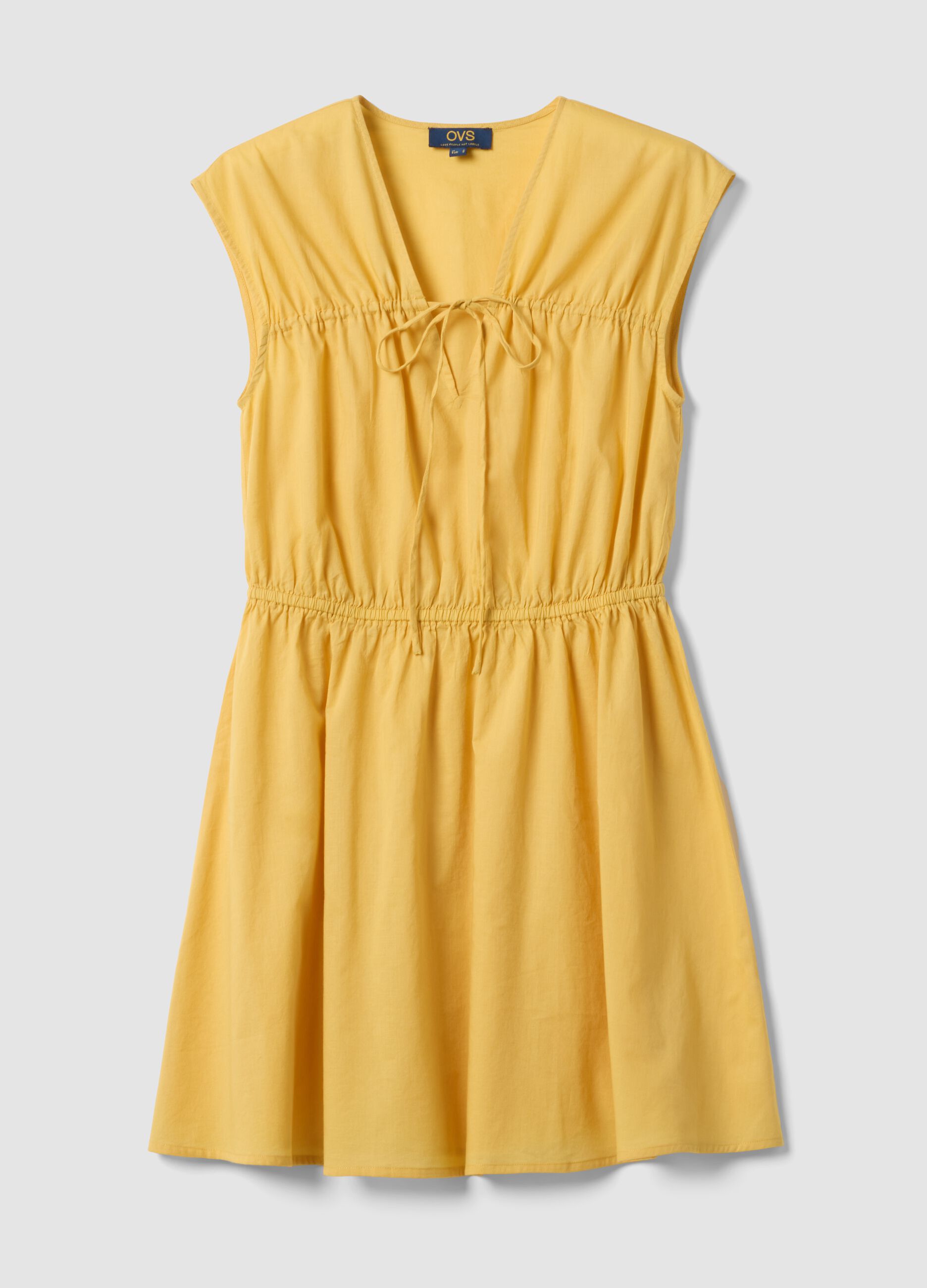 Yellow pure cotton regular-fit dress with V-neck and tie fastening