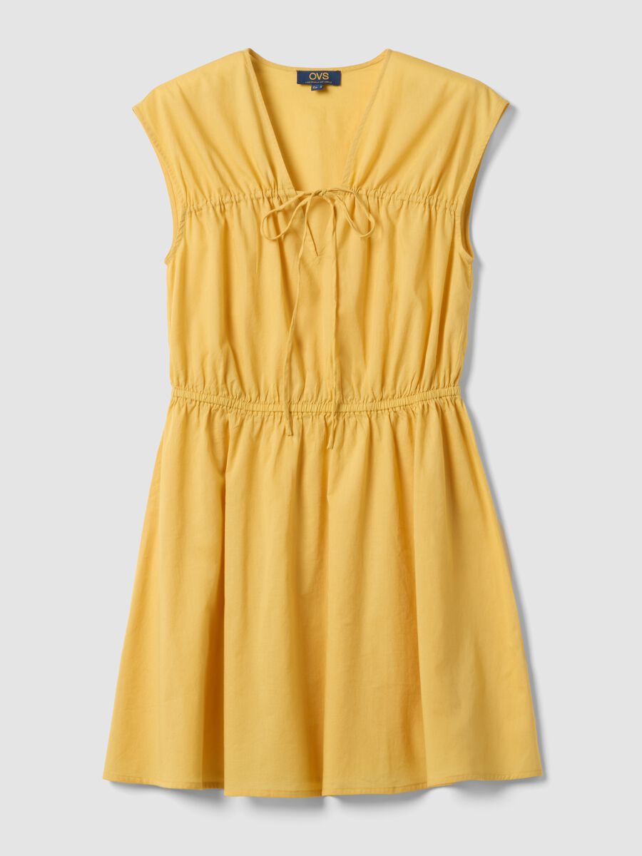 Yellow pure cotton regular-fit dress with V-neck and tie fastening_4