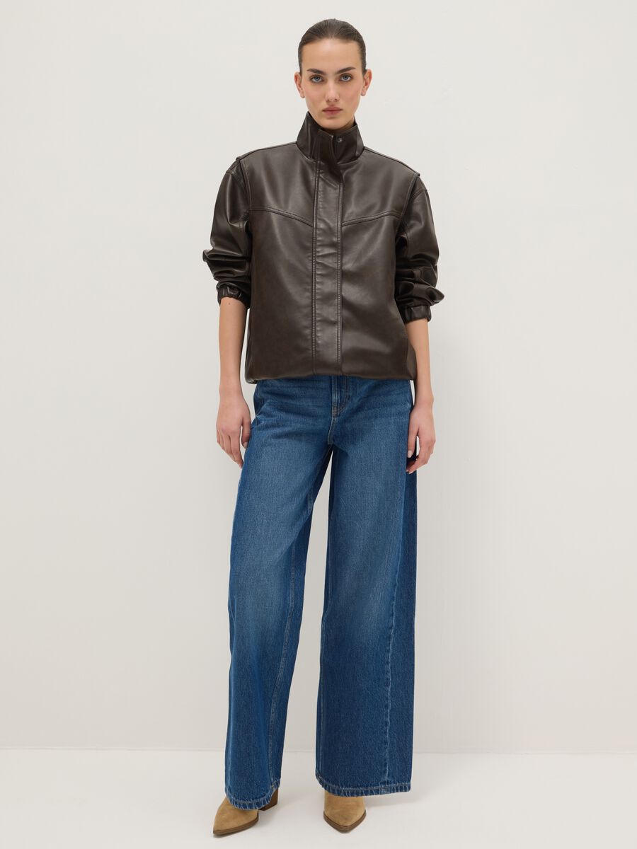 Brown biker jacket over fit with zip and buttons_2