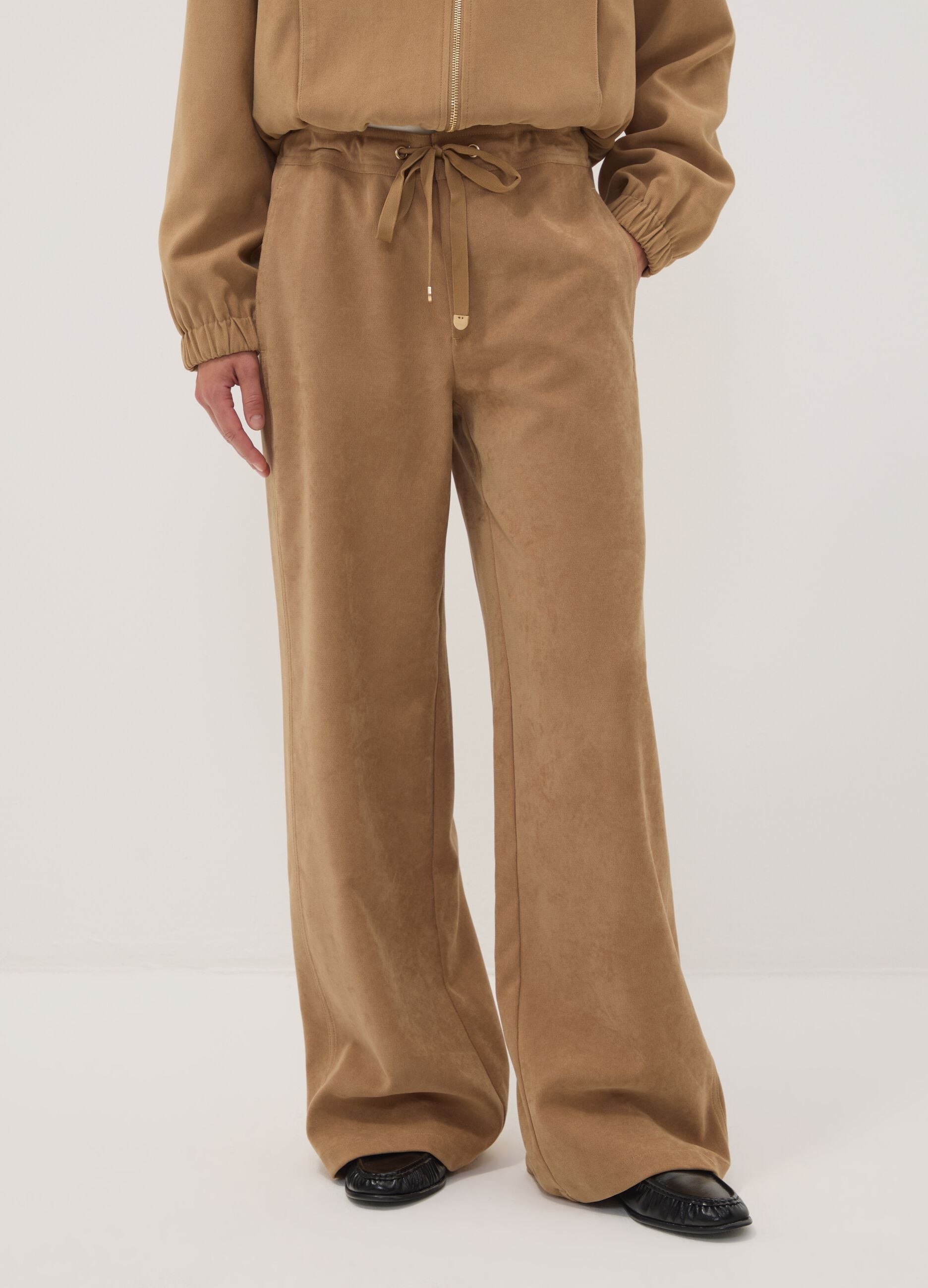 Beige stretch-fabric straight-fit trousers