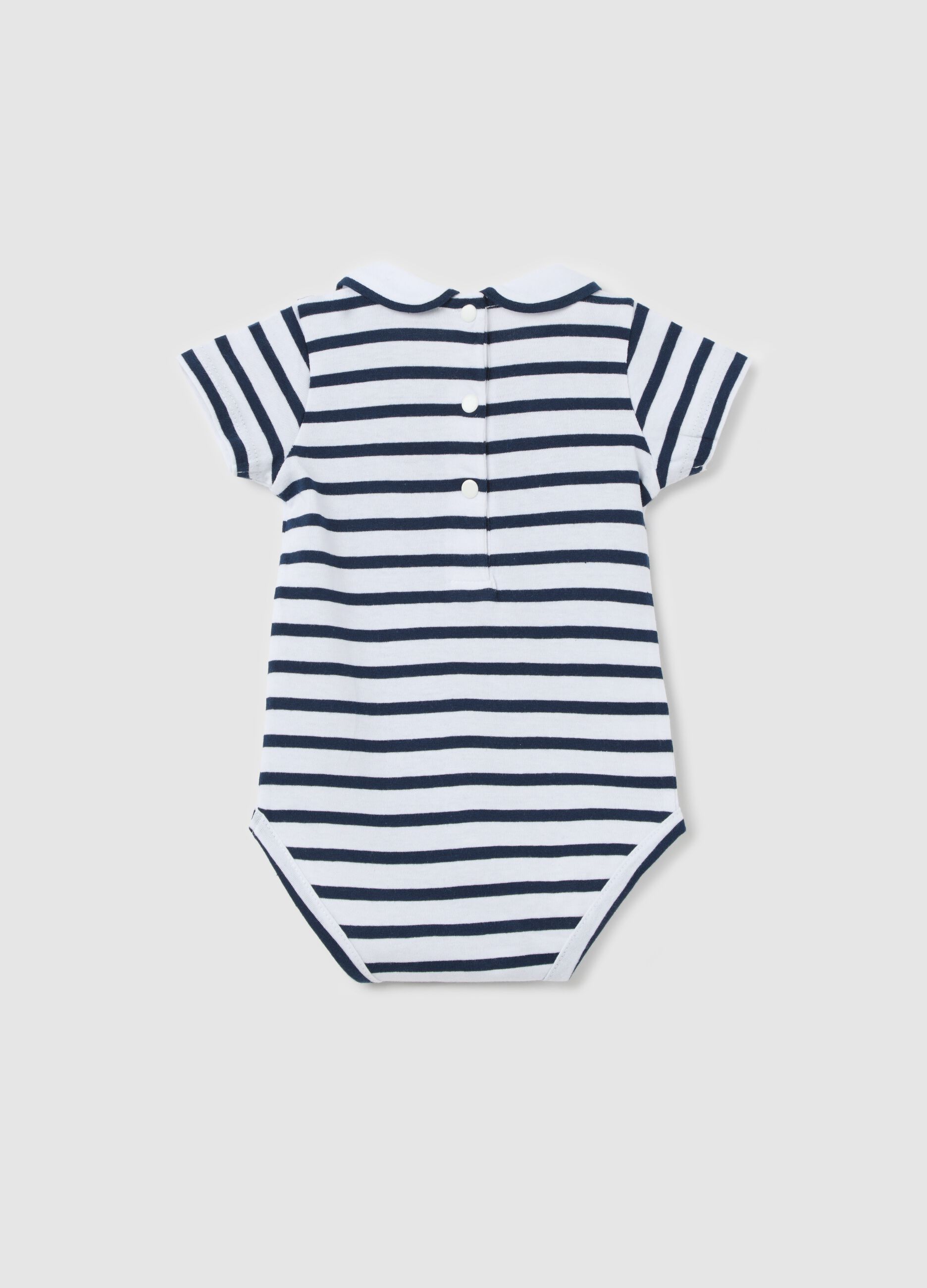 Organic cotton bodysuit with blue and white stripes