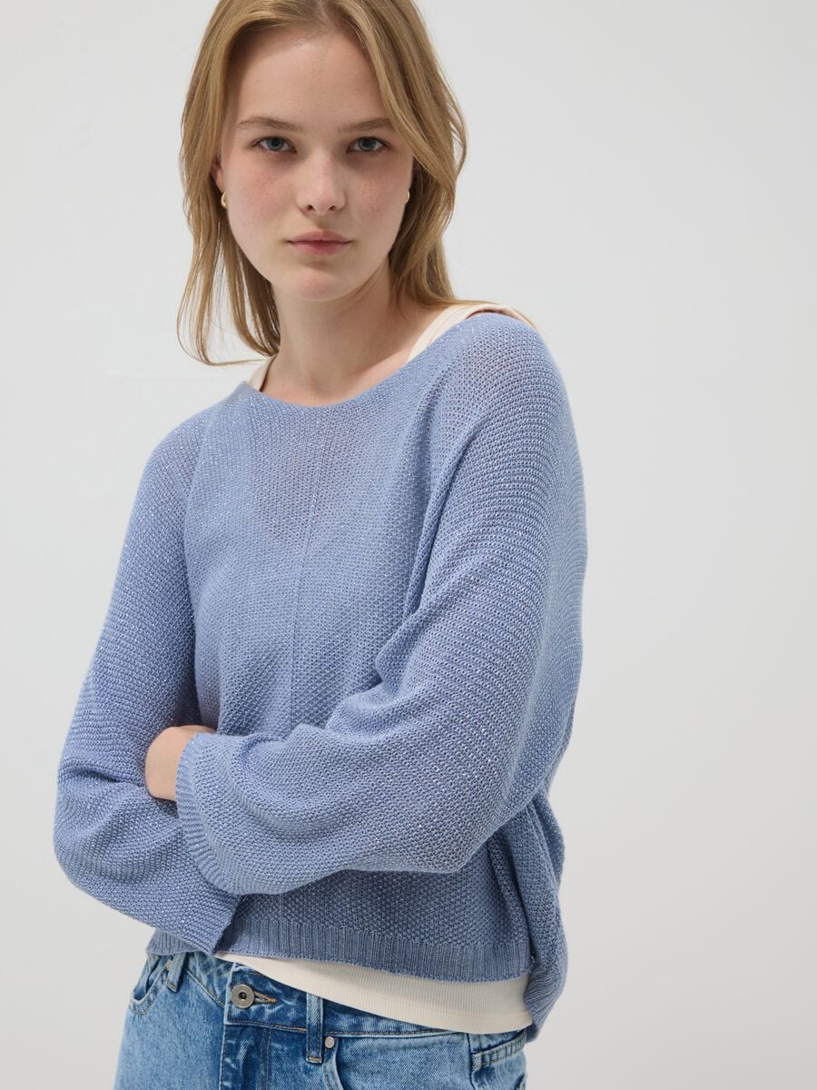 Maglia azzurra in misto viscosa e lino con scollo a V_0