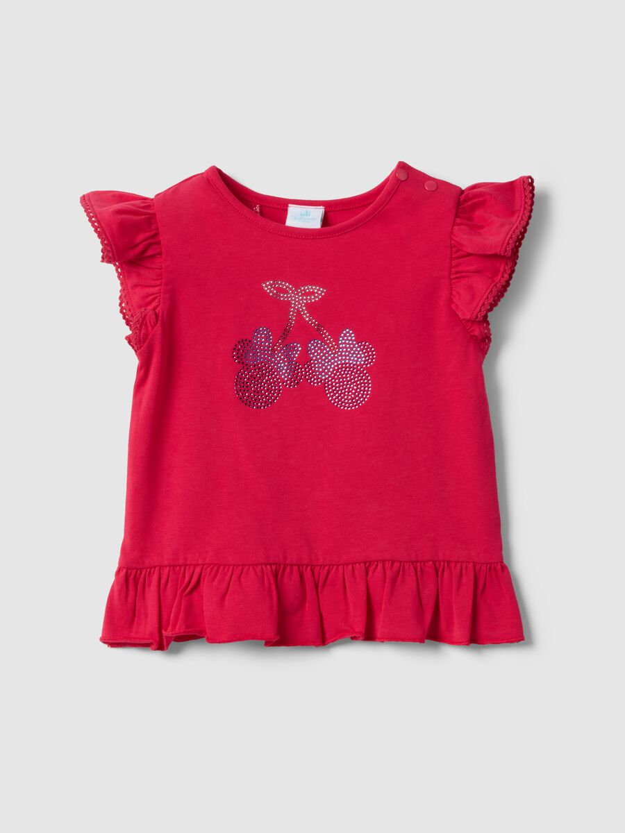 T-shirt in cotone elasticizzato rossa da bimba con Minnie e paillettes_0