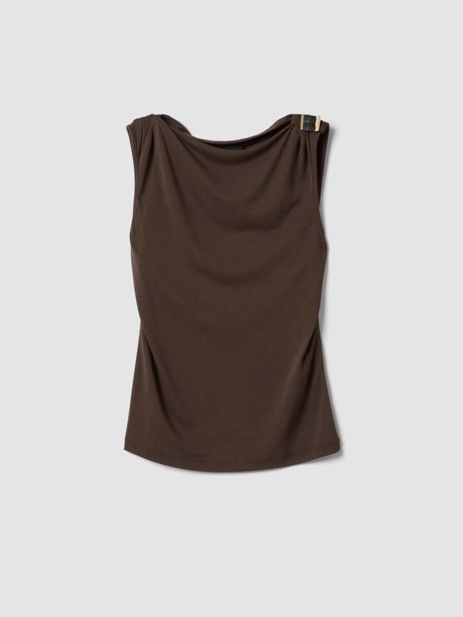 Brown sleeveless viscose-blend top with jewel detail_4
