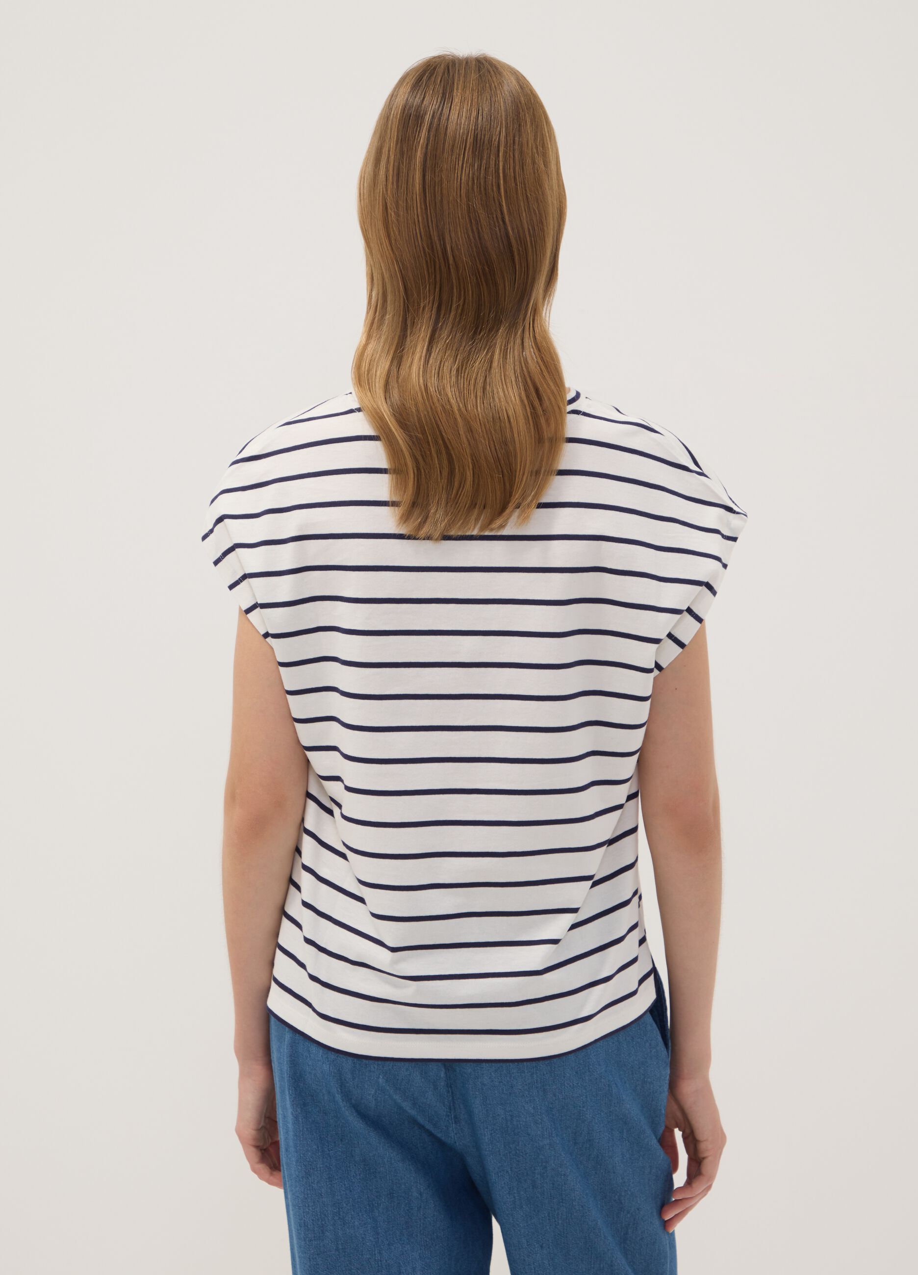 White pure cotton T-shirt with blue stripes, regular fit
