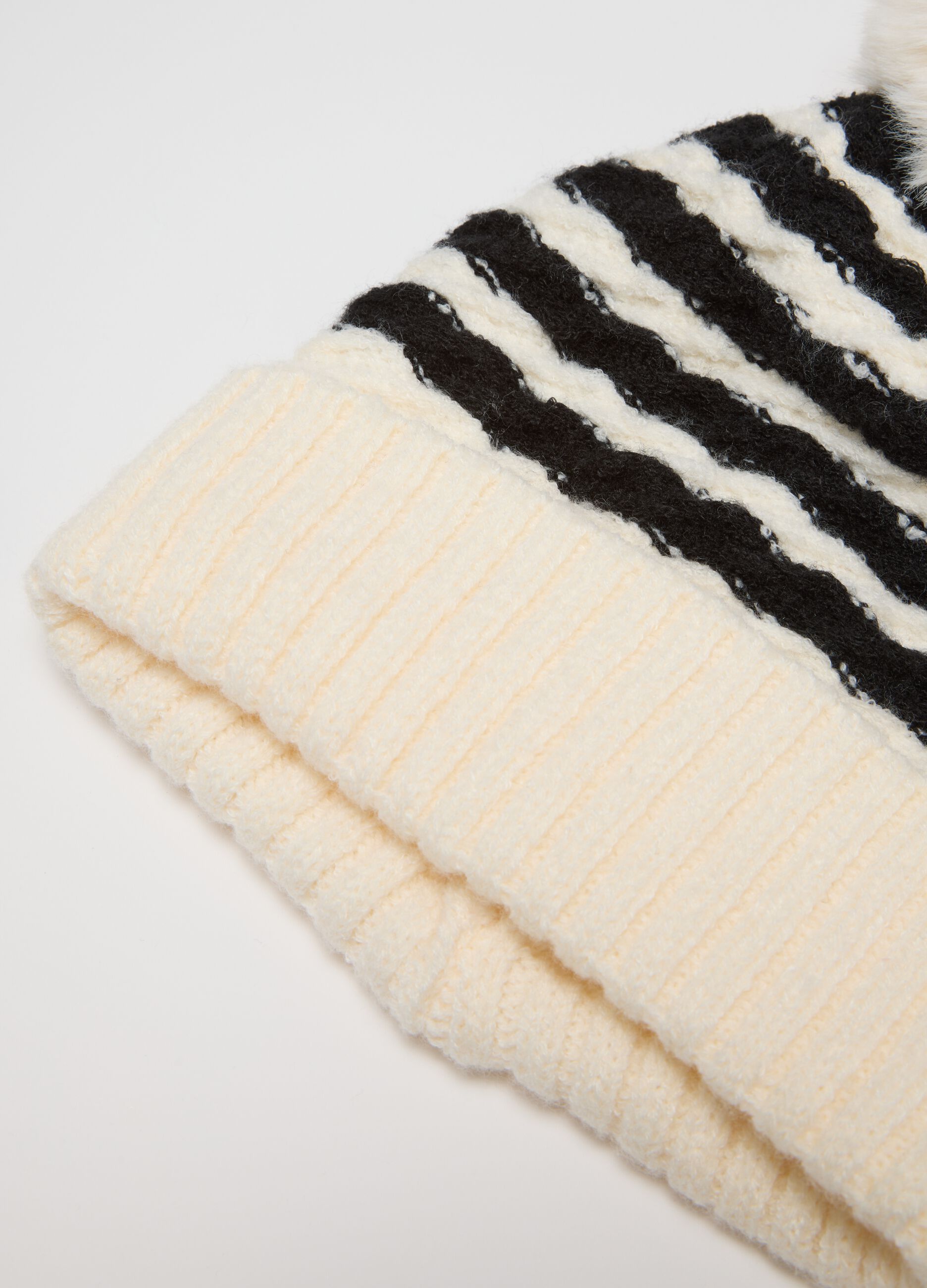Girl's Black and White Striped Hat with Pom Pom