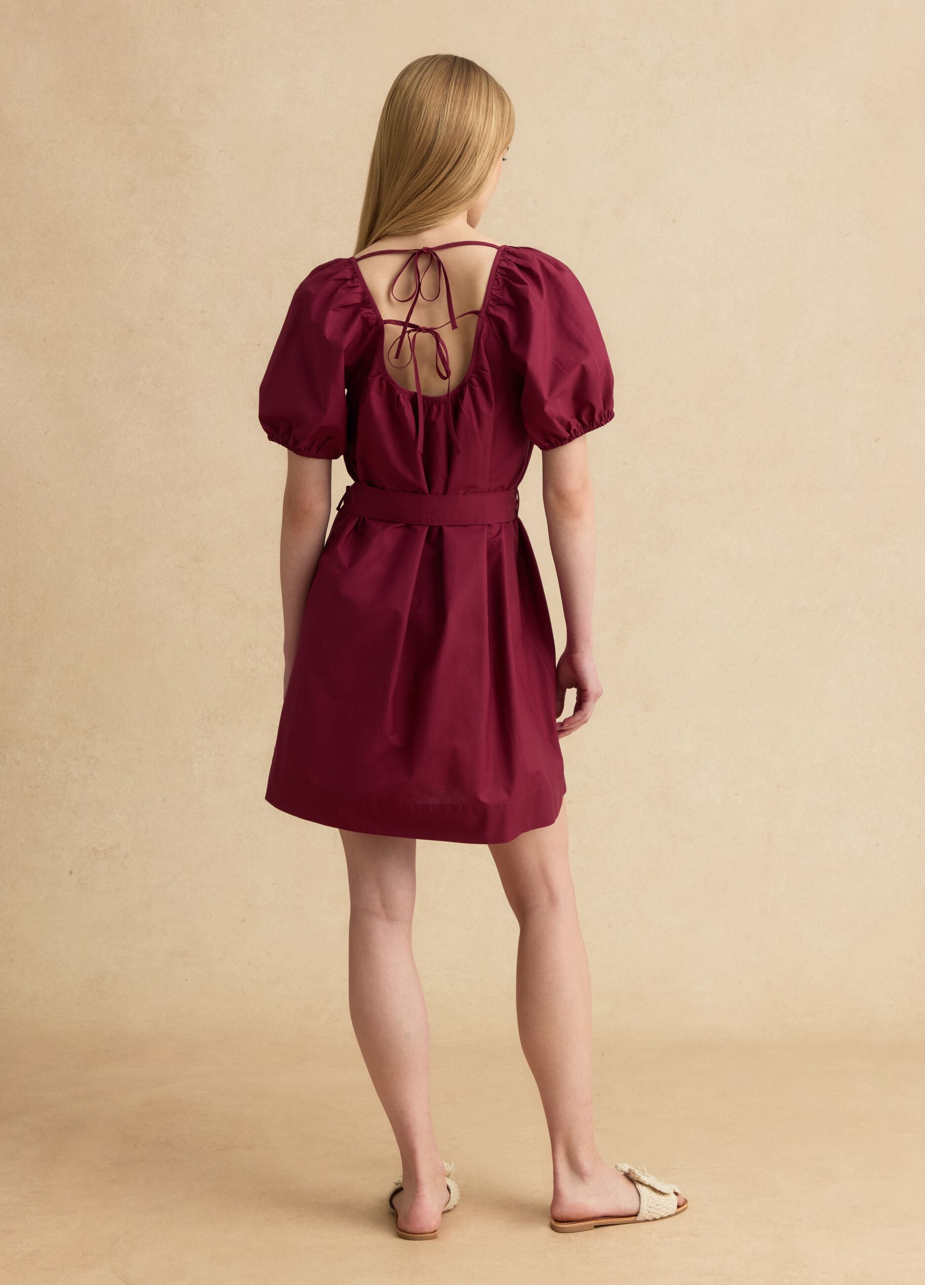 Abito midi rosso in puro cotone con cintura