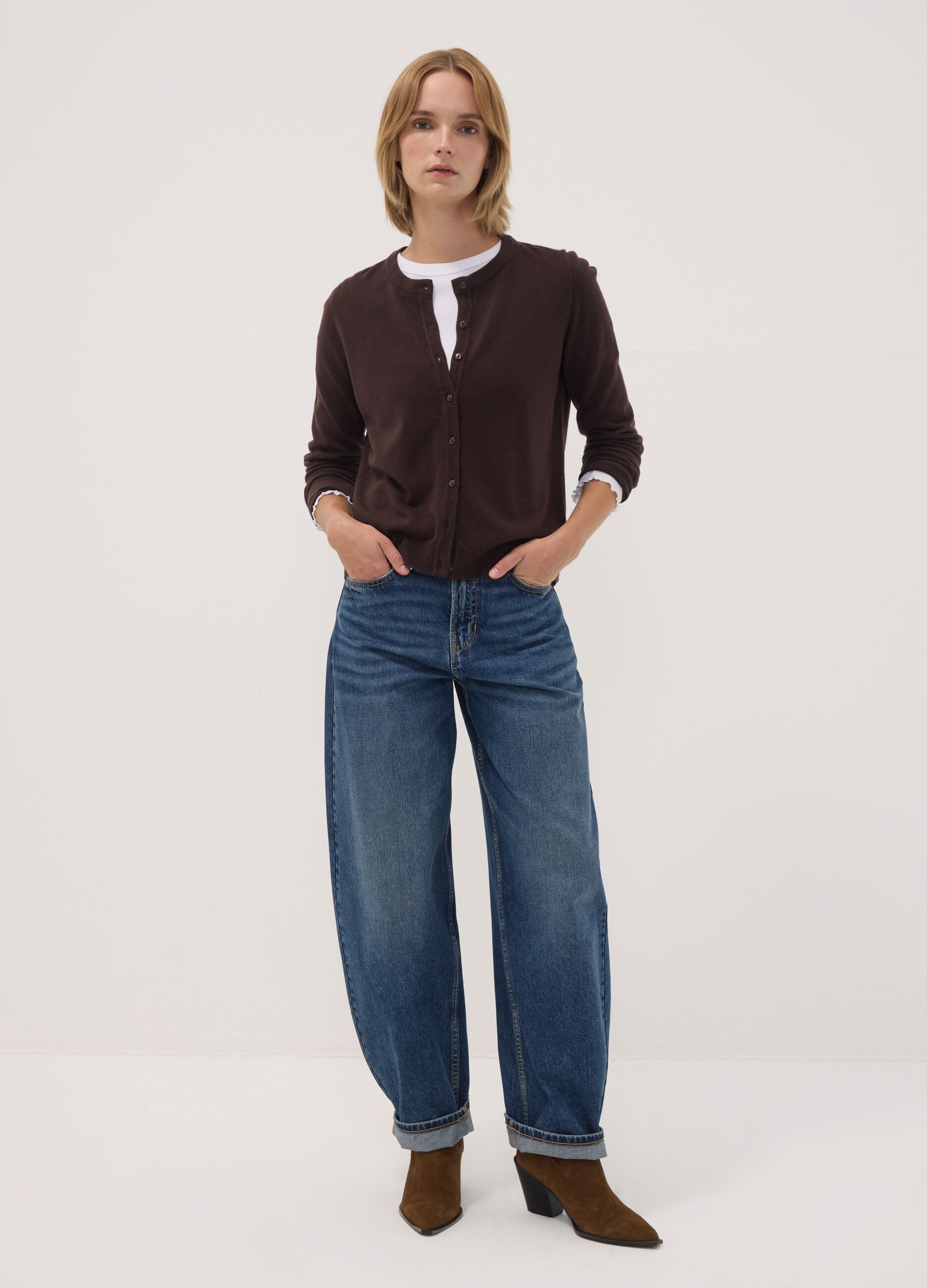 Brown crew-neck regular-fit cardigan with buttons