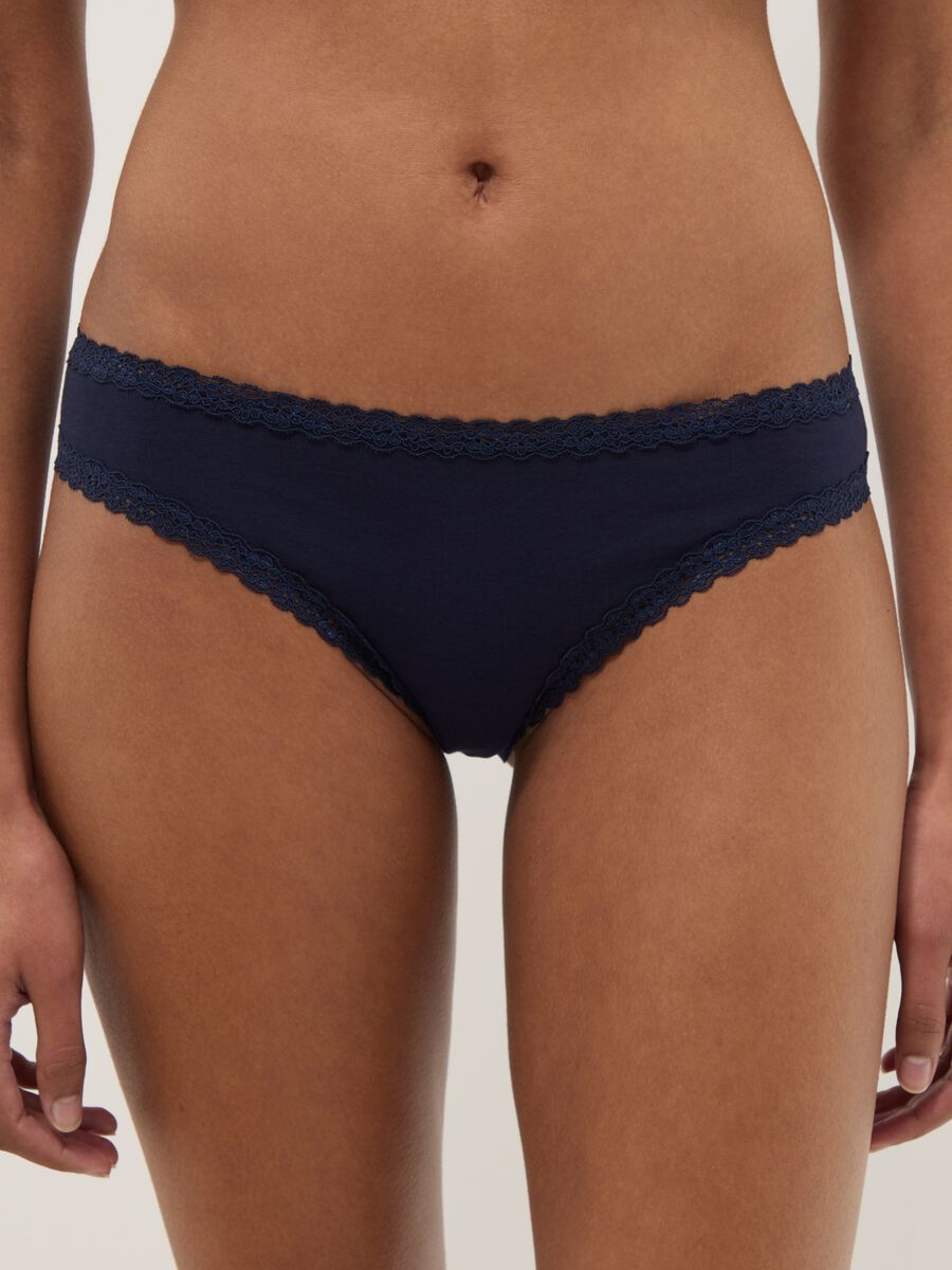 Slip in cotone elasticizzato blu regular fit con pizzo_1