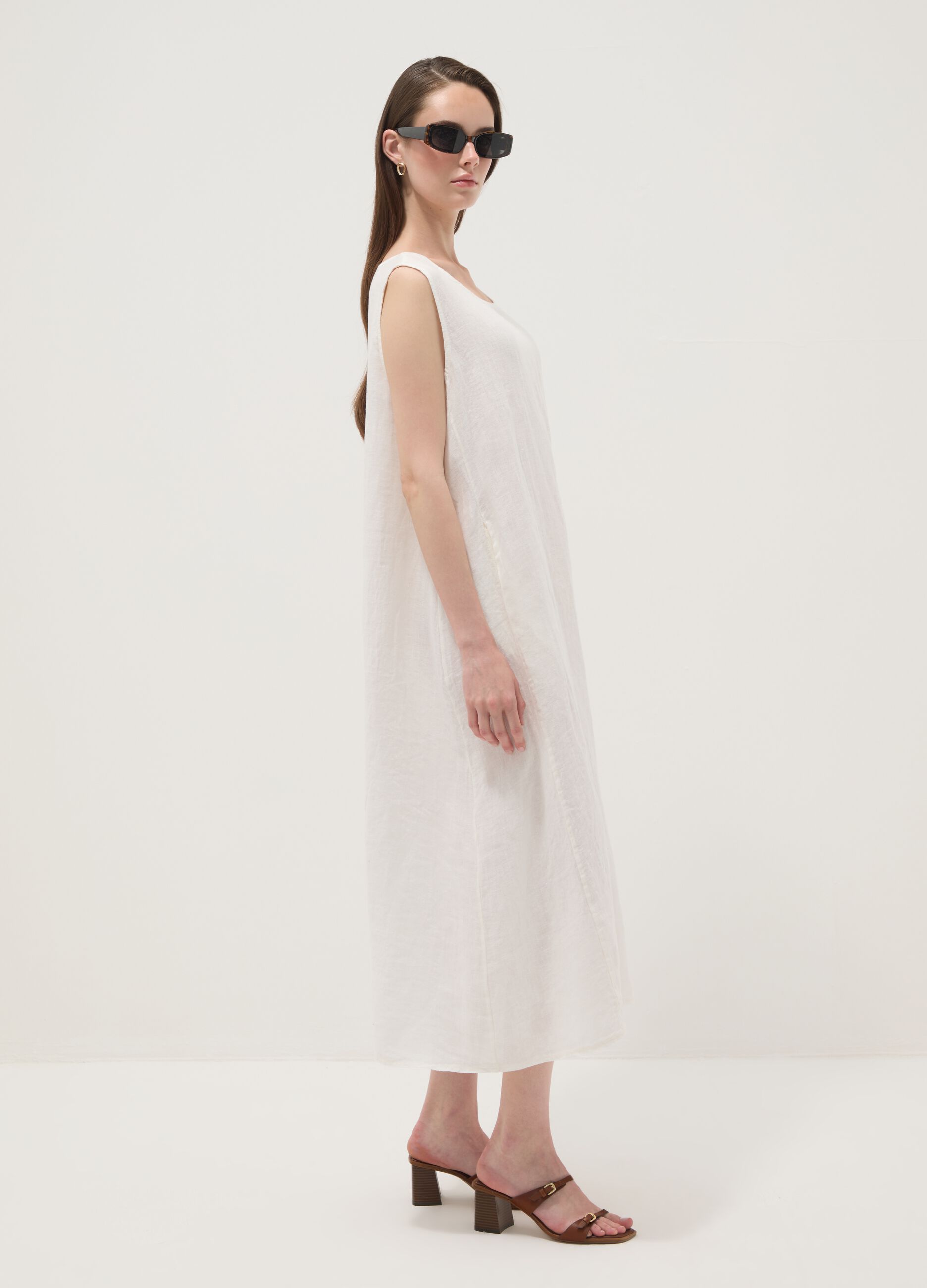 Long white pure linen dress, regular fit