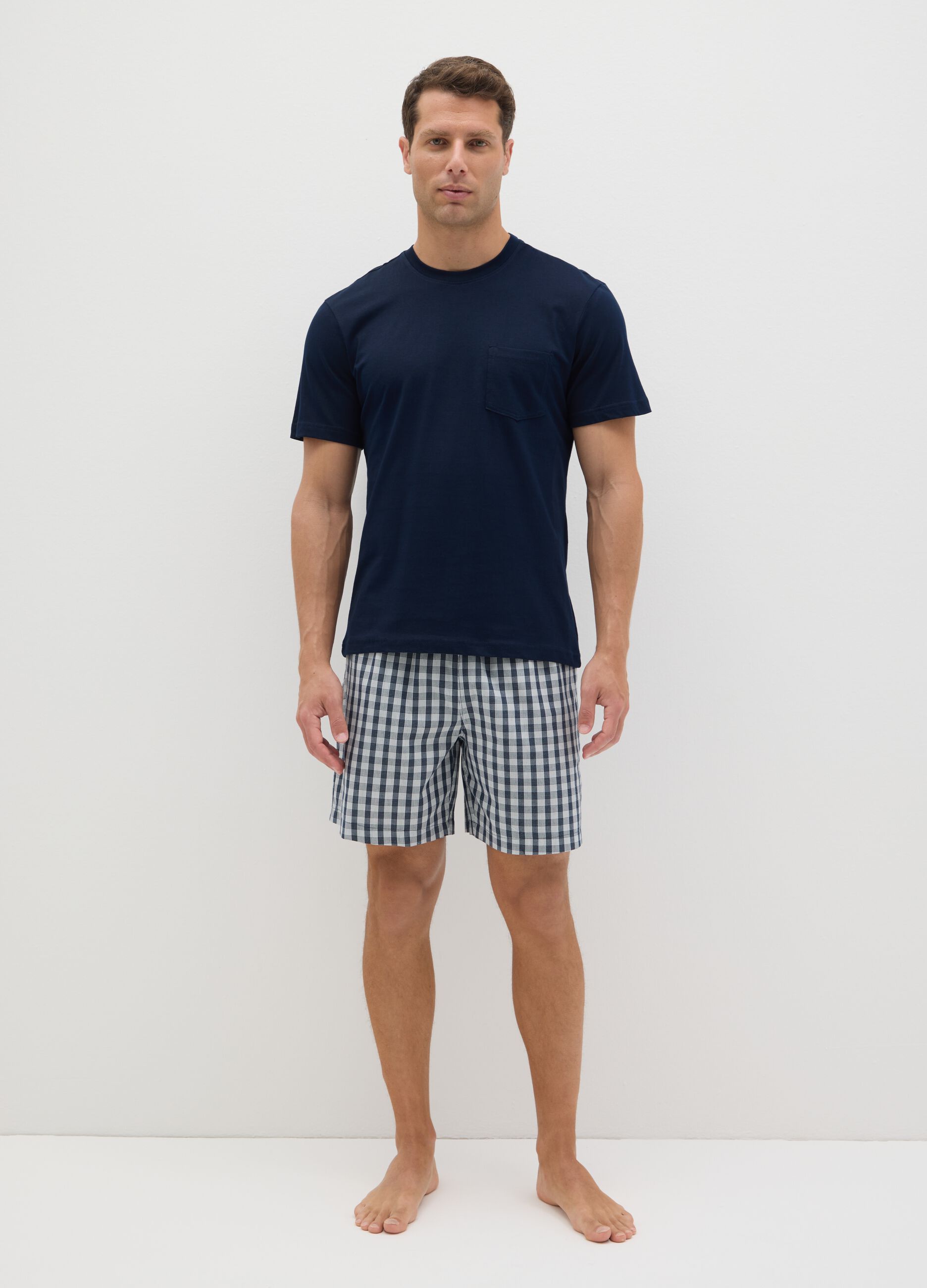 Men's blue pure cotton pyjama set, regular fit with checks