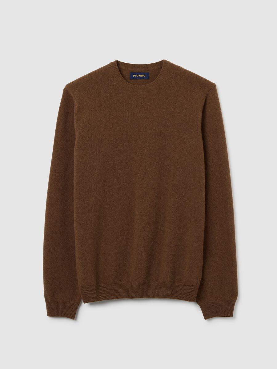 Brown crew neck pullover in pure lambswool regular fit_4