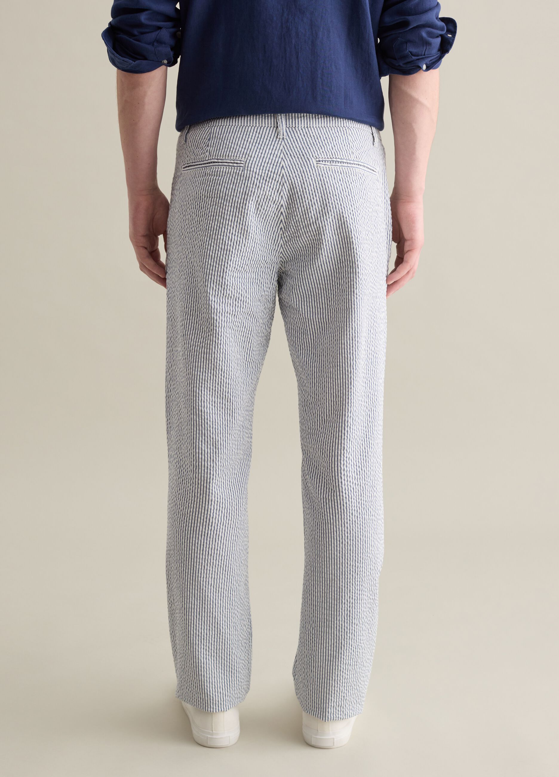 Seersucker chino trousers with white and blue stripes