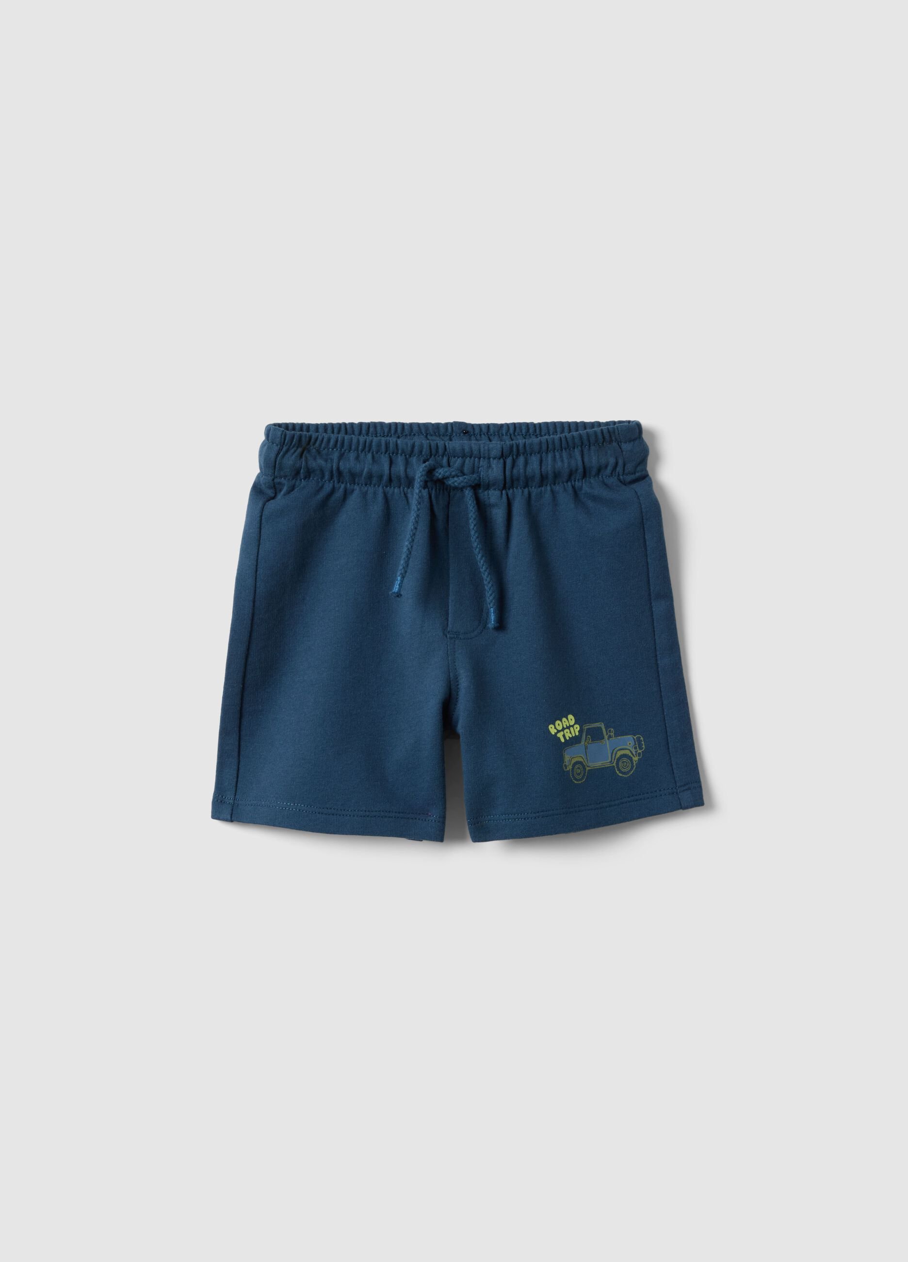 Children&rsquo;s blue pure cotton shorts, regular fit with car print