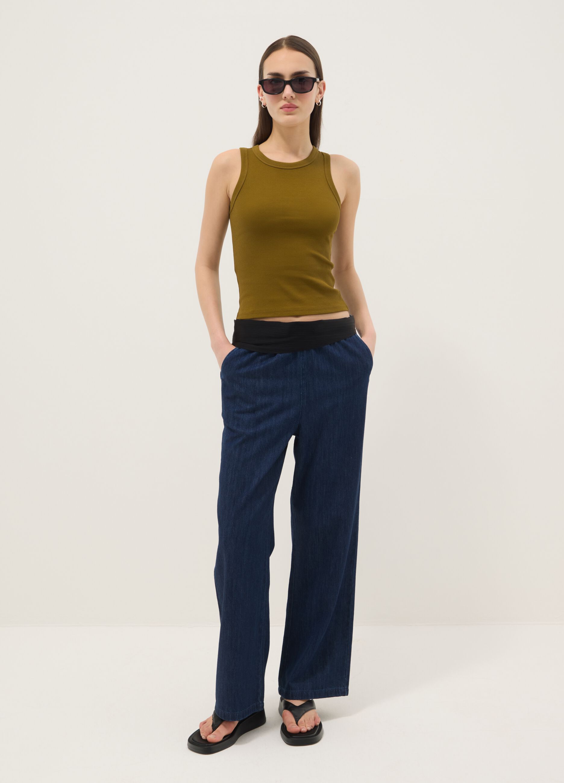 Green fitted ribbed stretch cotton tank top