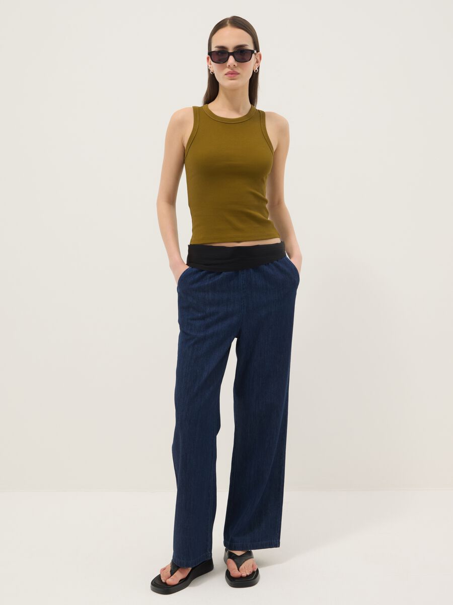 Tank top fitted verde in cotone elasticizzato a costine_2