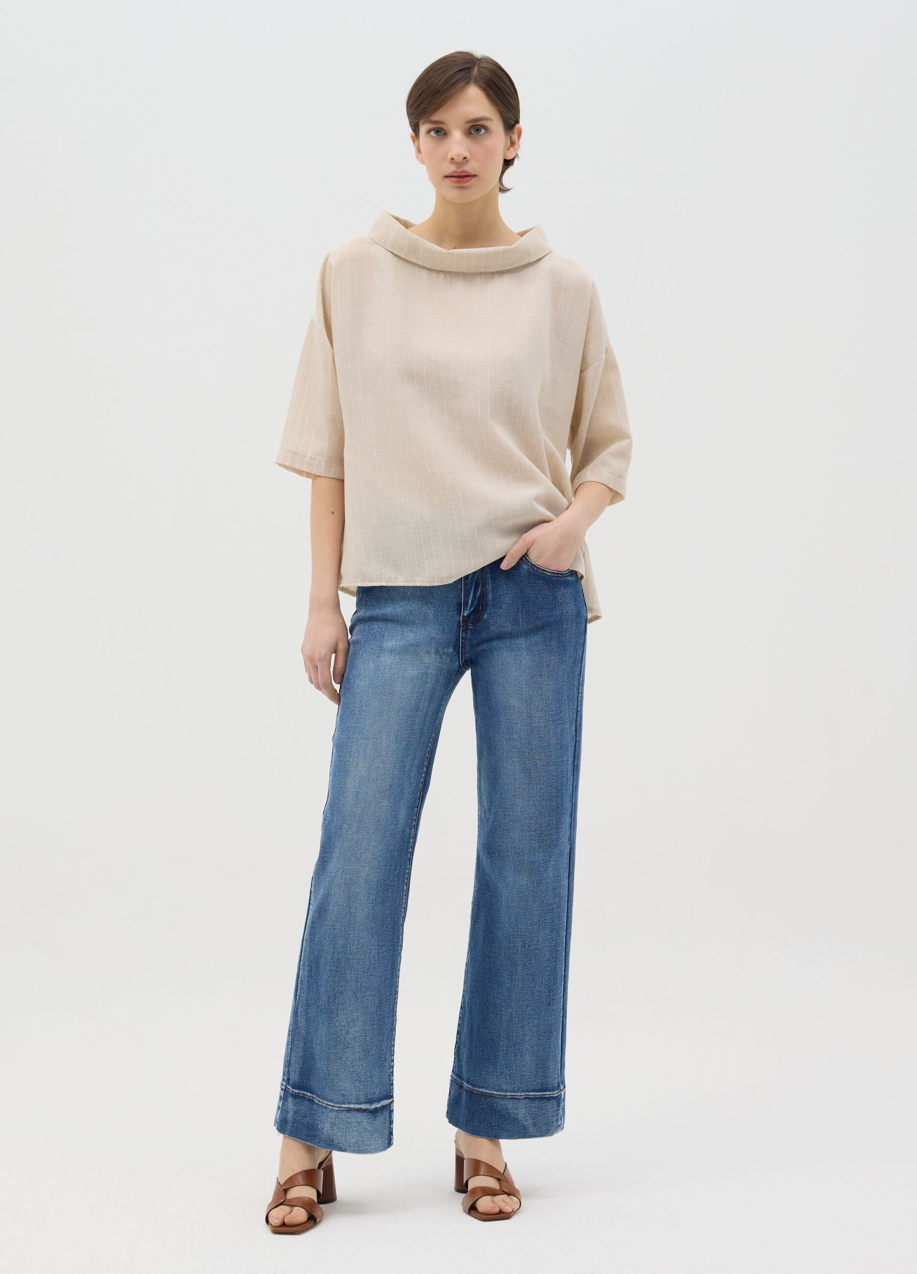 Beige pinstriped top in lurex with cowl neck