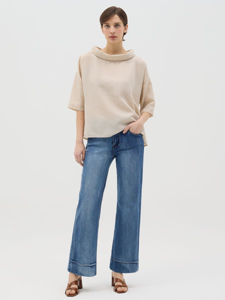 Beige pinstriped top in lurex with cowl neck_1