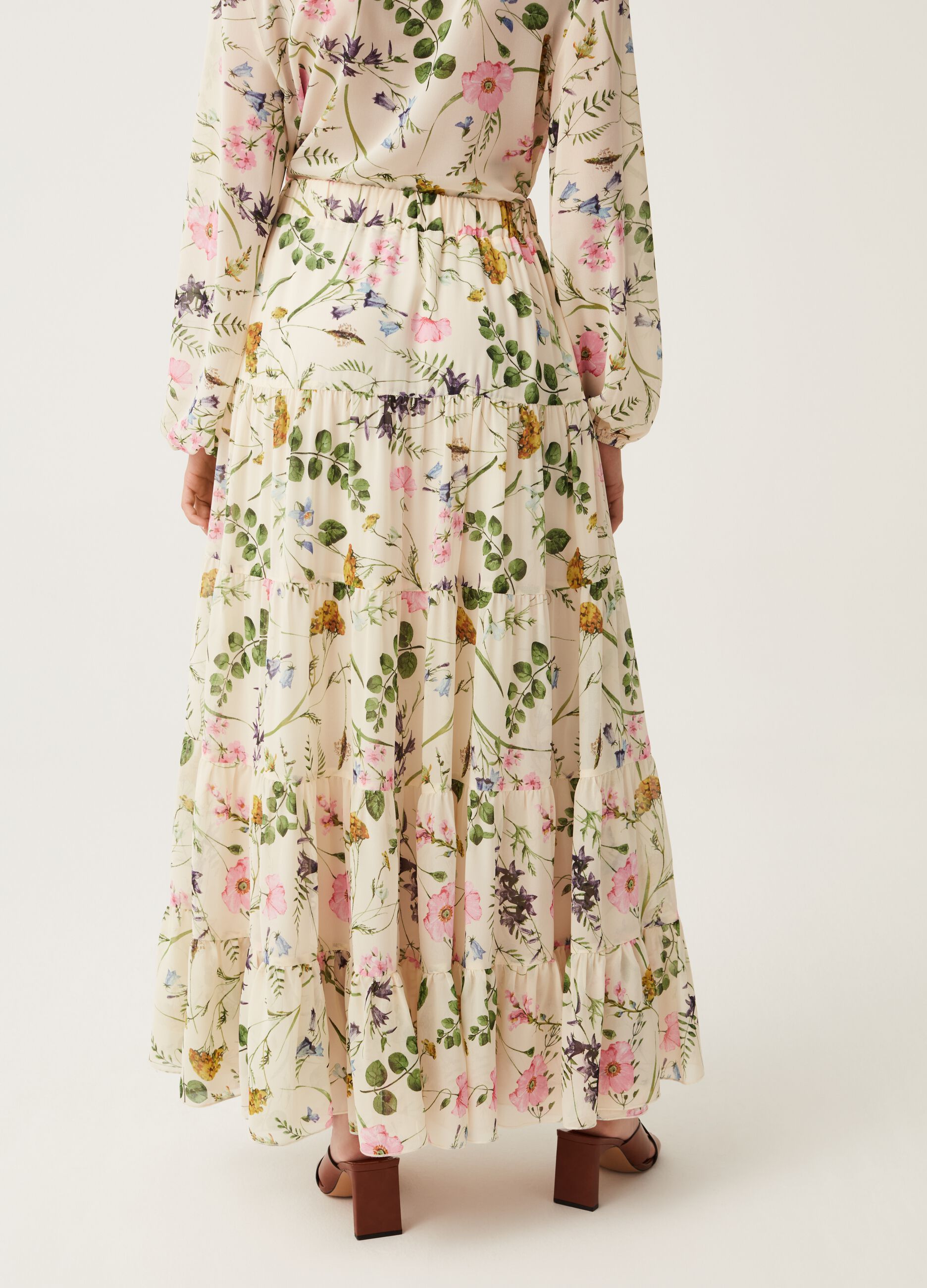 Long tiered skirt with floral print