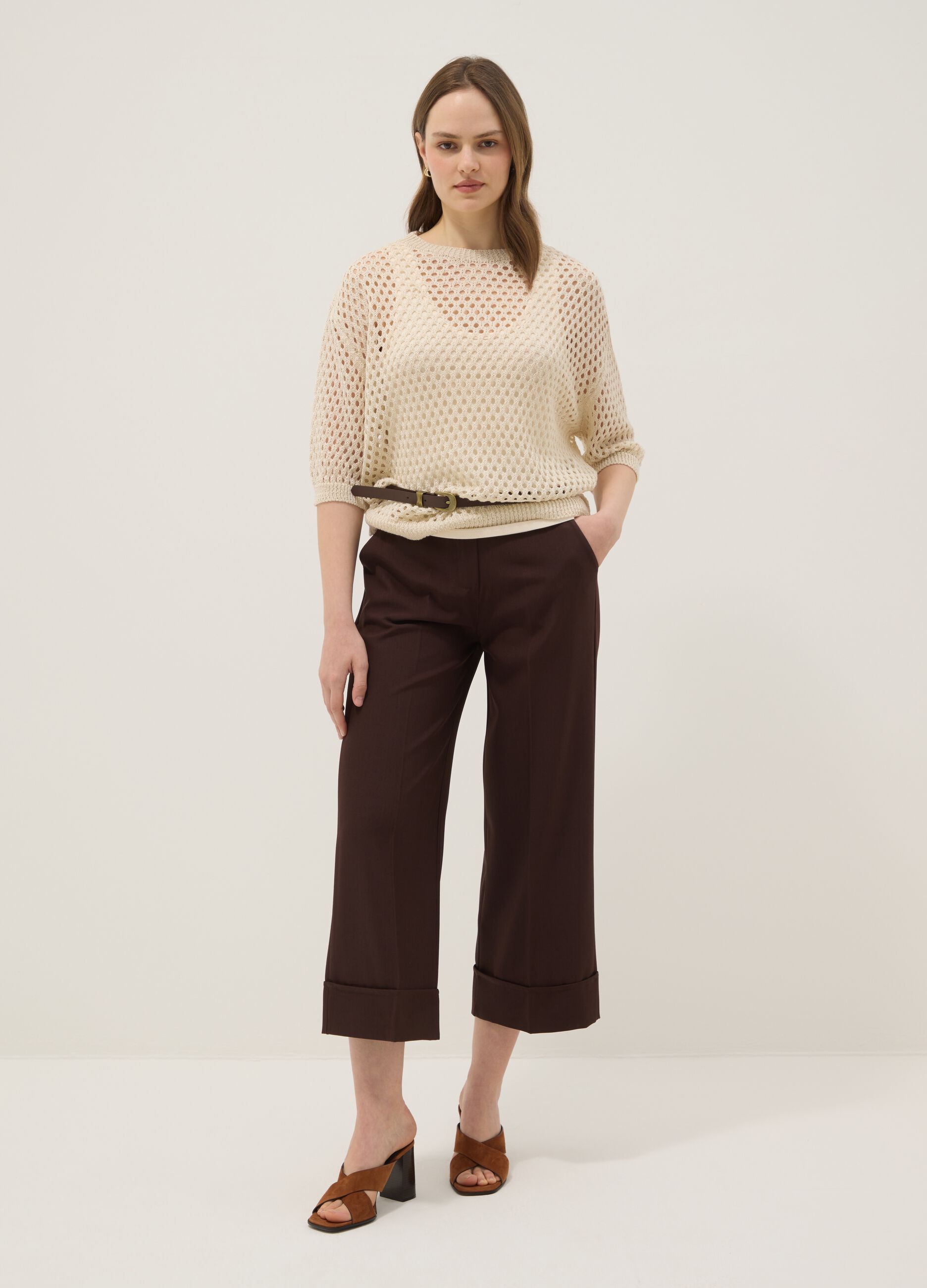 Beige open-knit three-quarter sleeve jumper