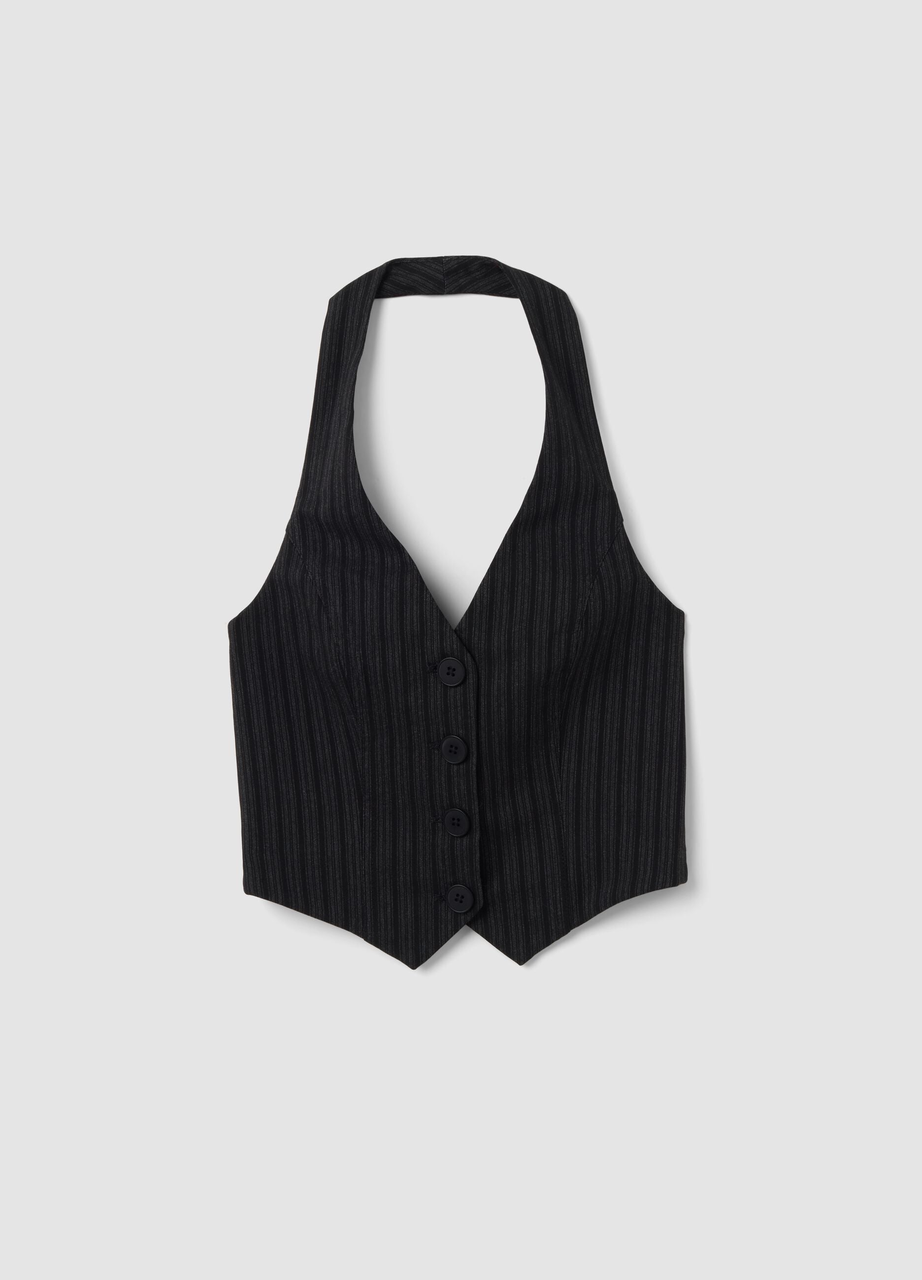 Black cropped vest in stretch striped viscose