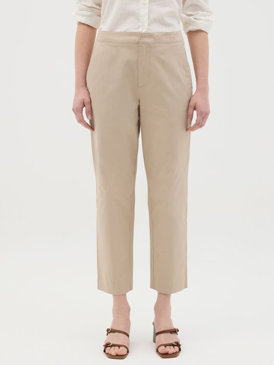 Women's beige regular fit pure cotton trousers with high waist_1