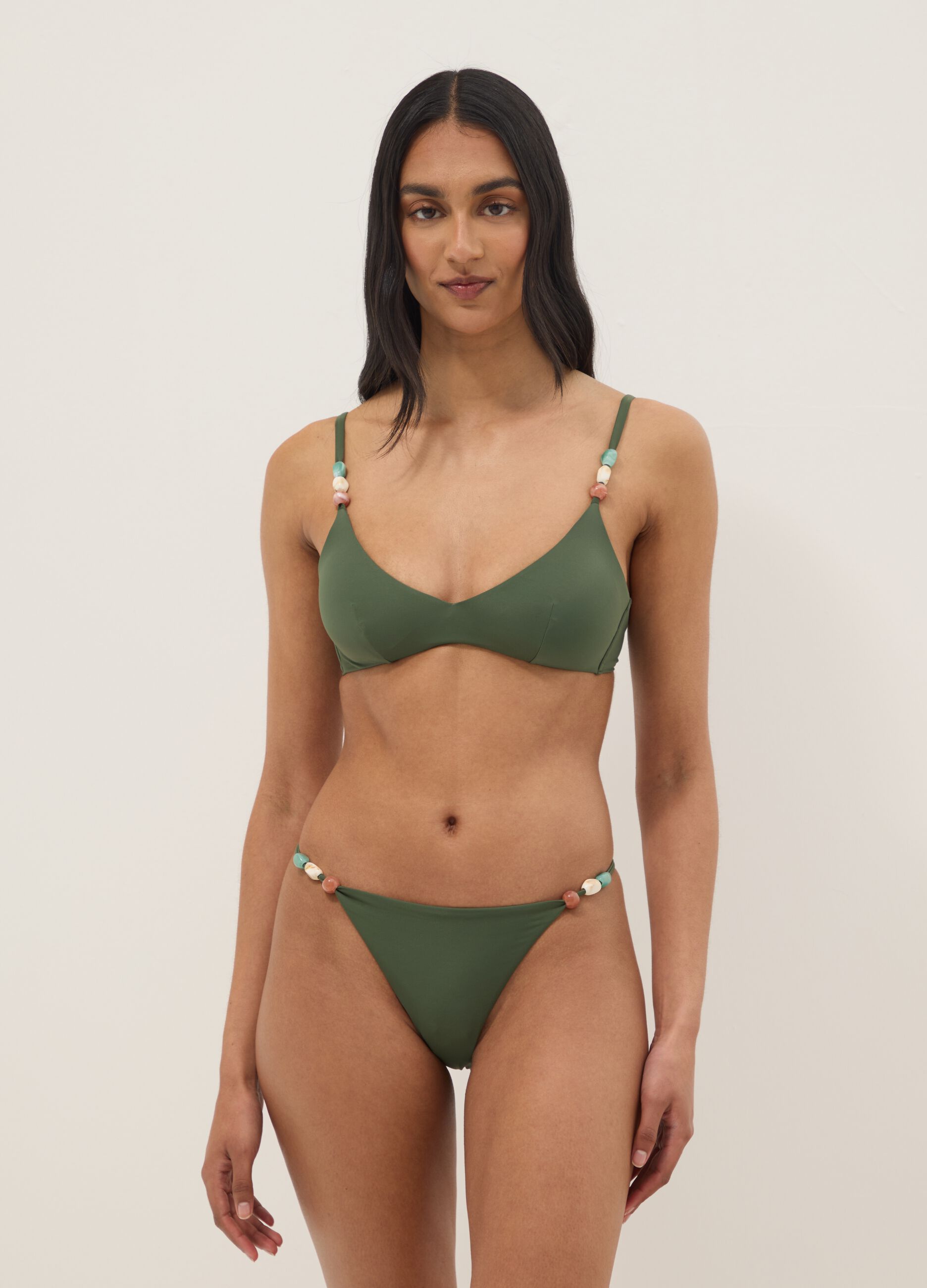 Green stretch-fabric bikini top with embellished straps